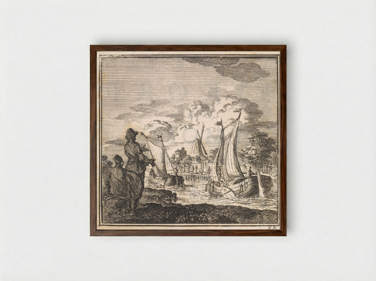 Twee mannen kijken naar voorbij zeilende schepen - Arentsz & Cornelis van der Sys, weduwe Pieter (II) - Framed Print Dark Wood