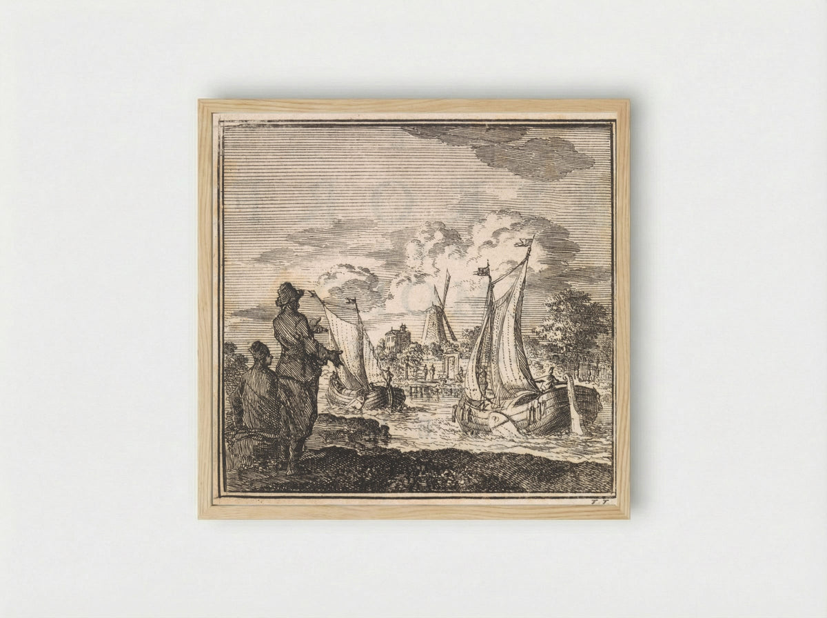 Twee mannen kijken naar voorbij zeilende schepen - Arentsz & Cornelis van der Sys, weduwe Pieter (II) - Framed Print Wood