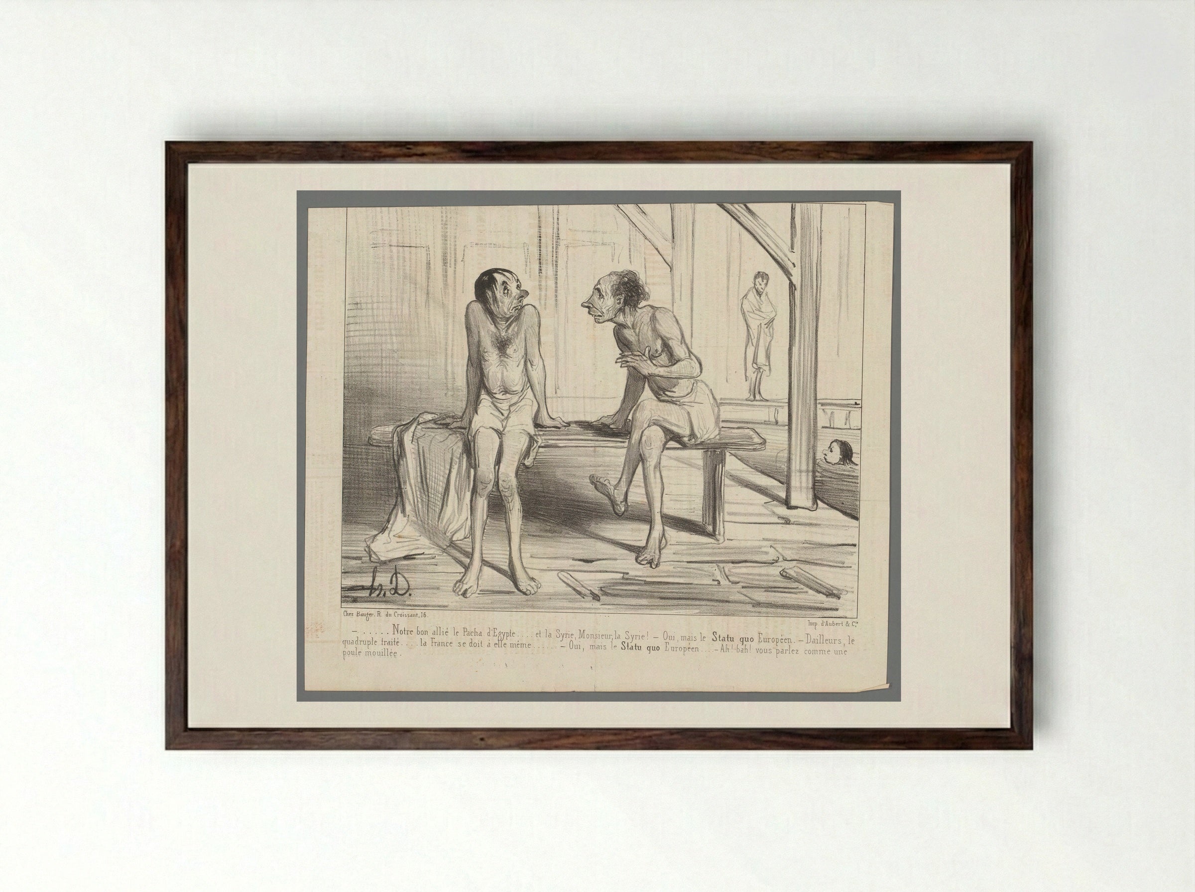 Twee mannen op een bank in het zwembad - Honoré Daumier - Framed Print Dark Wood