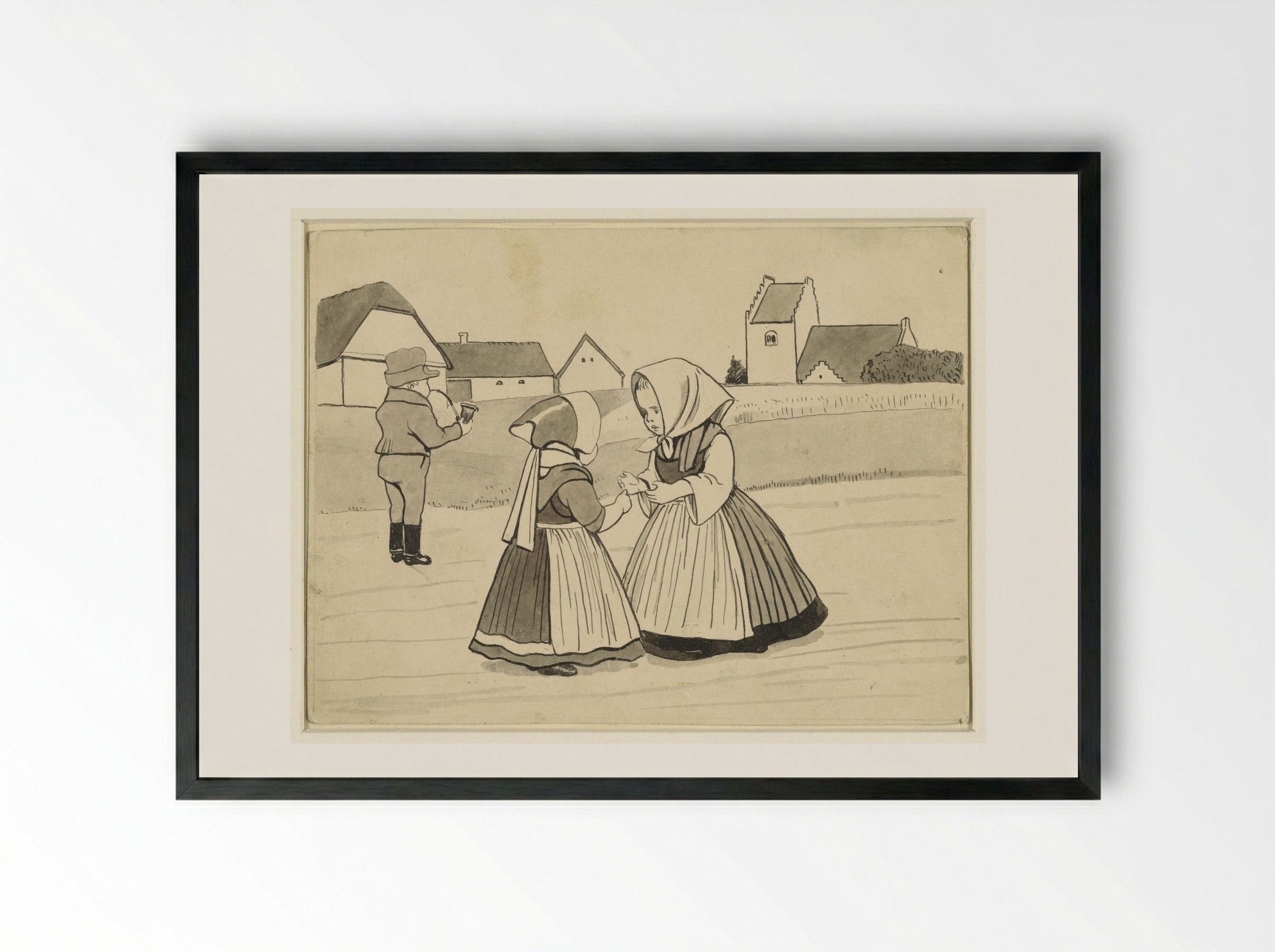 Twee meisjes en een jongen, die een pijp rookt, op een landweg - Alfred Michael Roedstad Schmidt - Framed Print Black