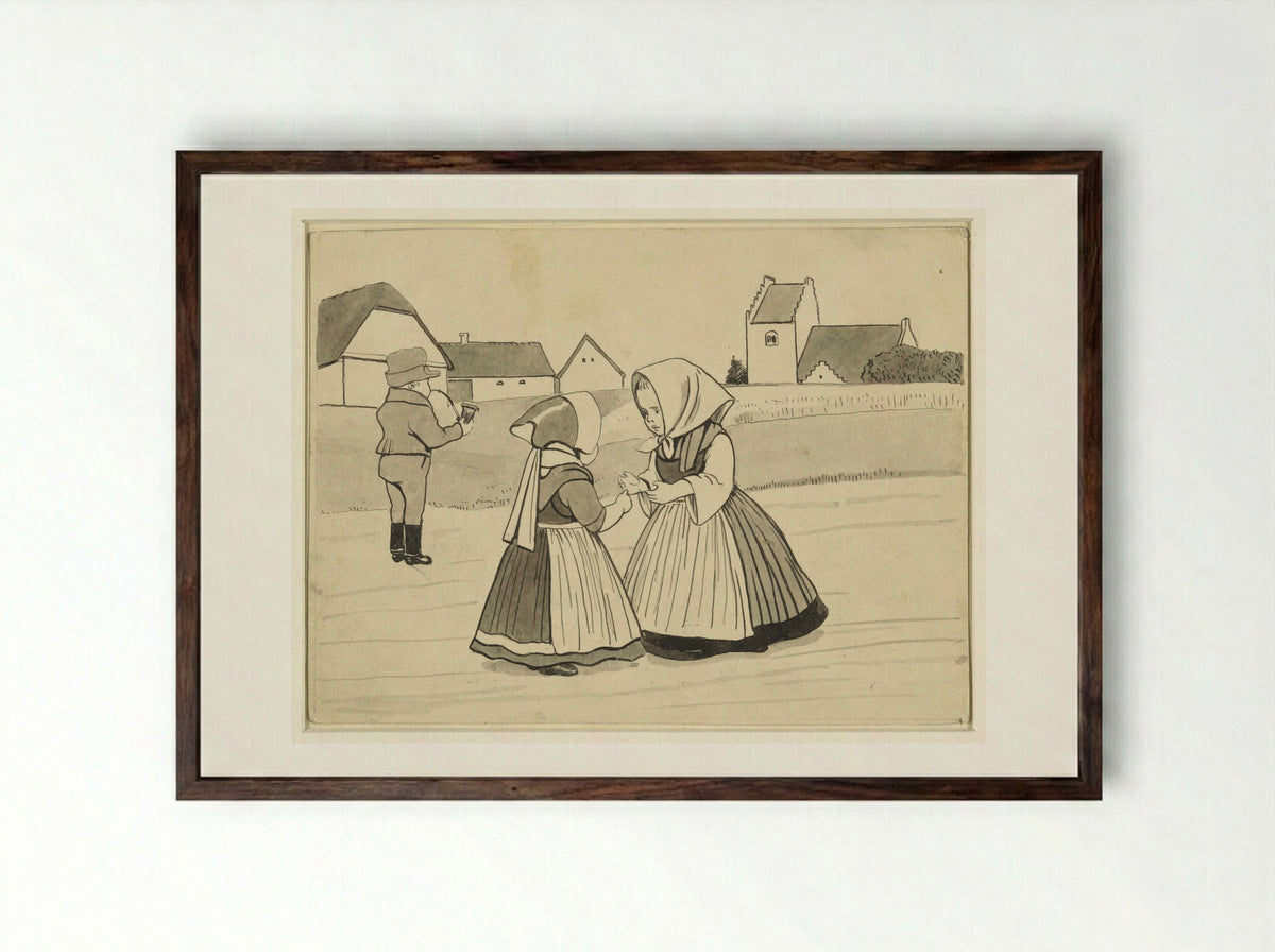 Twee meisjes en een jongen, die een pijp rookt, op een landweg - Alfred Michael Roedstad Schmidt - Framed Print Dark Wood