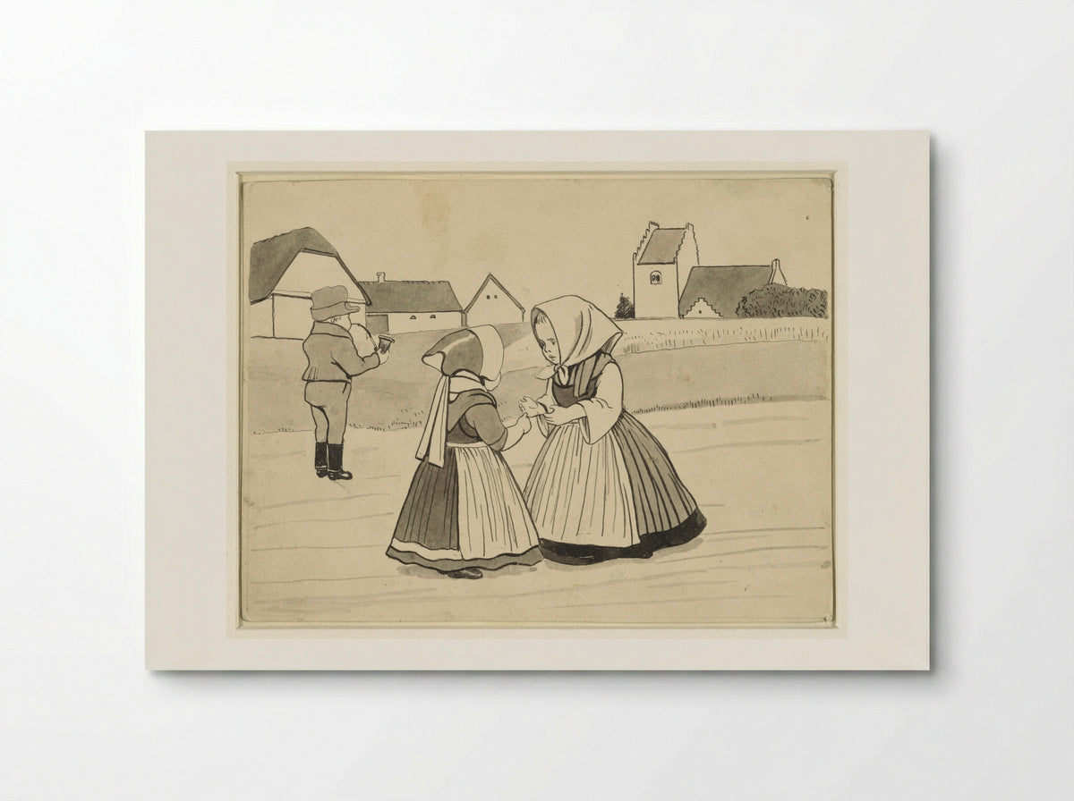Twee meisjes en een jongen, die een pijp rookt, op een landweg - Alfred Michael Roedstad Schmidt - Poster