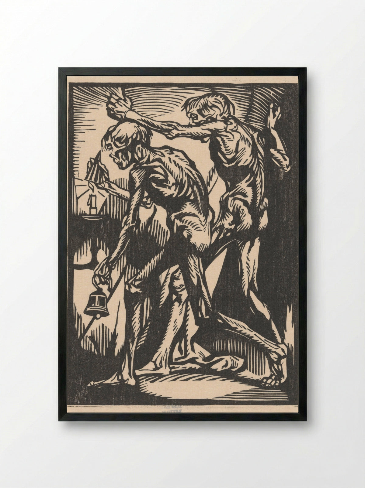 Twee naakte mannenfiguren met bel en kaarsendover - Johannes Josephus Aarts - Framed Print Black