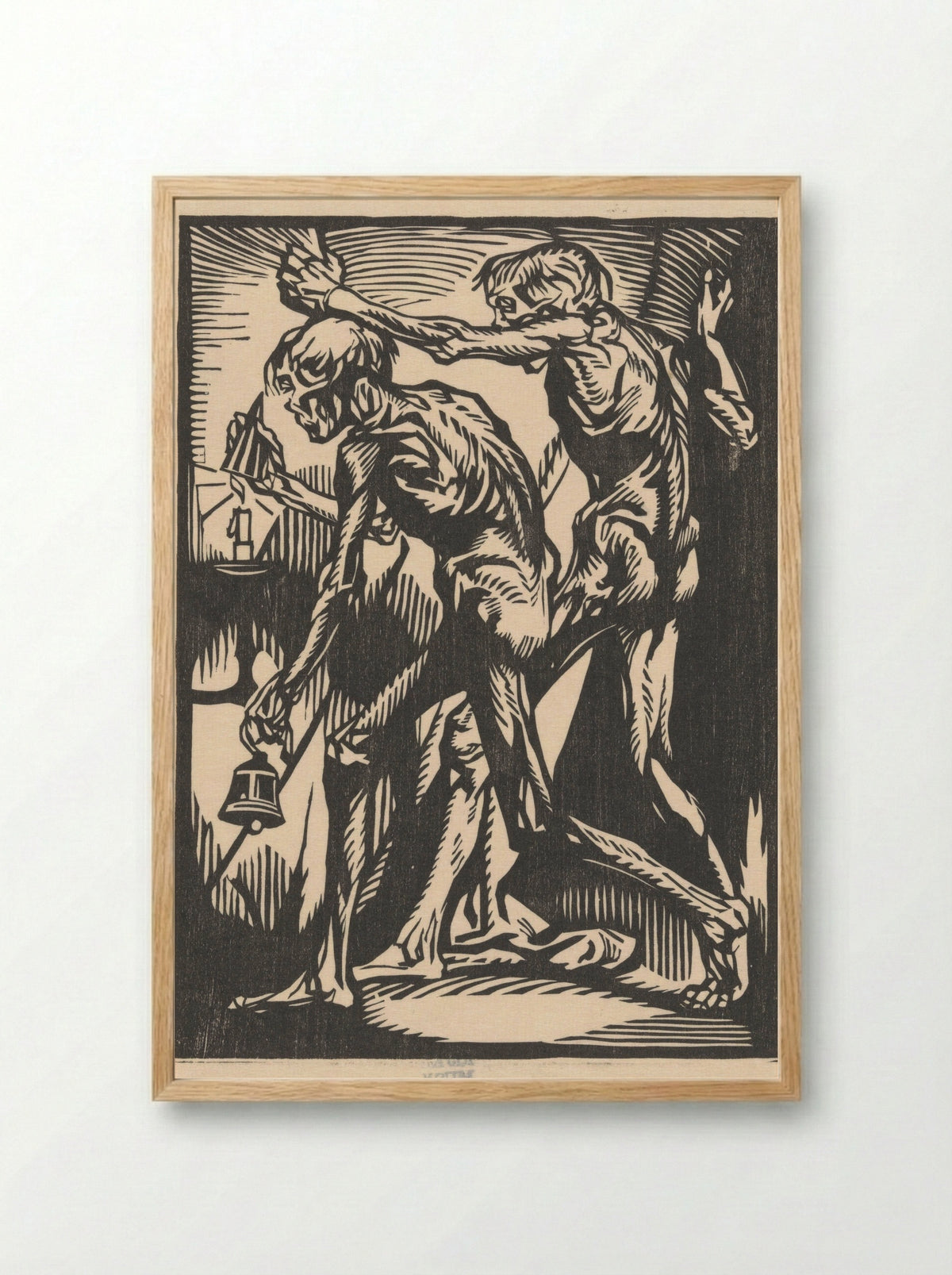Twee naakte mannenfiguren met bel en kaarsendover - Johannes Josephus Aarts - Framed Print Wood