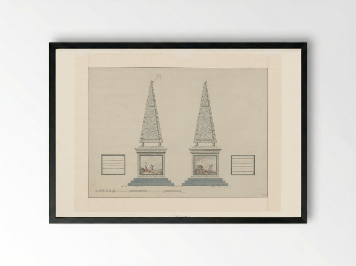 Twee obelisken voor het Alliantiefeest in de Plantage te Amsterdam, 19 juni 1795 - Fine Art Print - Framed Print Black