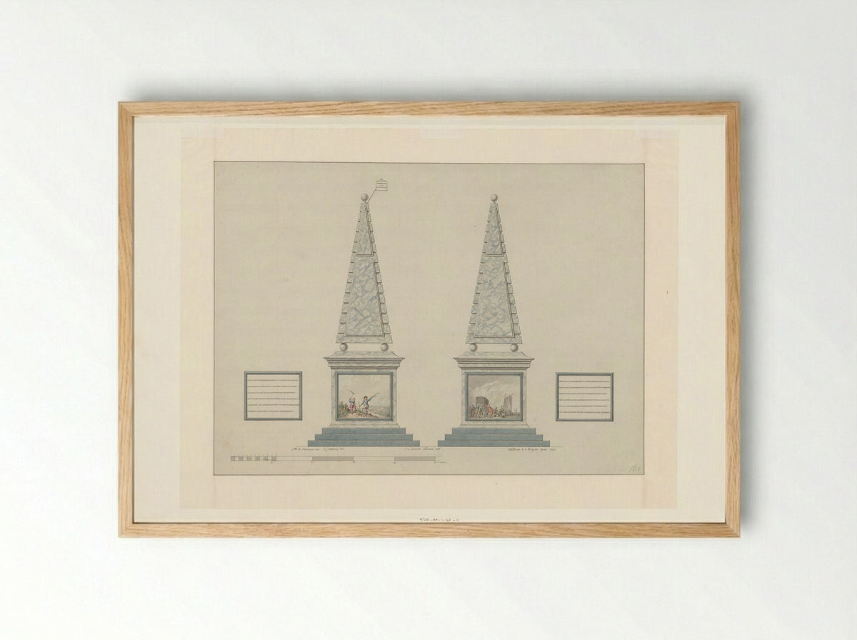 Twee obelisken voor het Alliantiefeest in de Plantage te Amsterdam, 19 juni 1795 - Fine Art Print - Framed Print Wood
