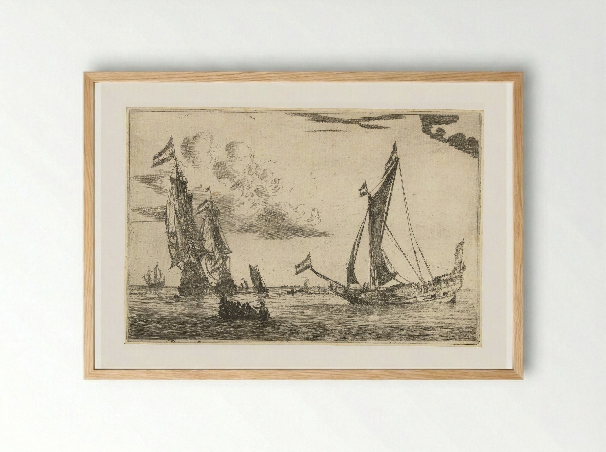 Twee oorlogsschepen en een jacht - Reinier Nooms - Framed Print Wood