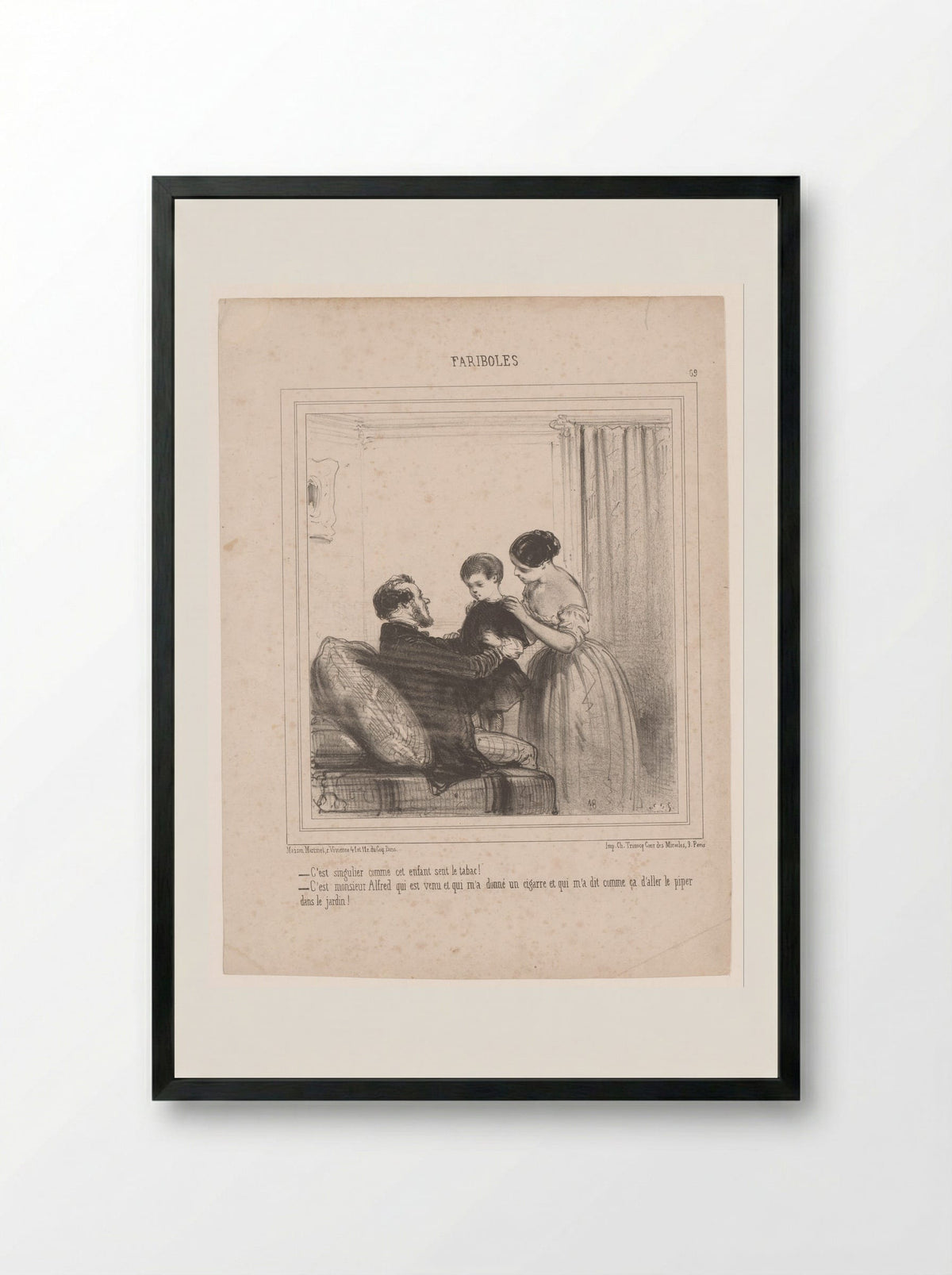Twee ouders met een kind dat naar tabak ruikt - Edouard de Beaumont - Framed Print Black