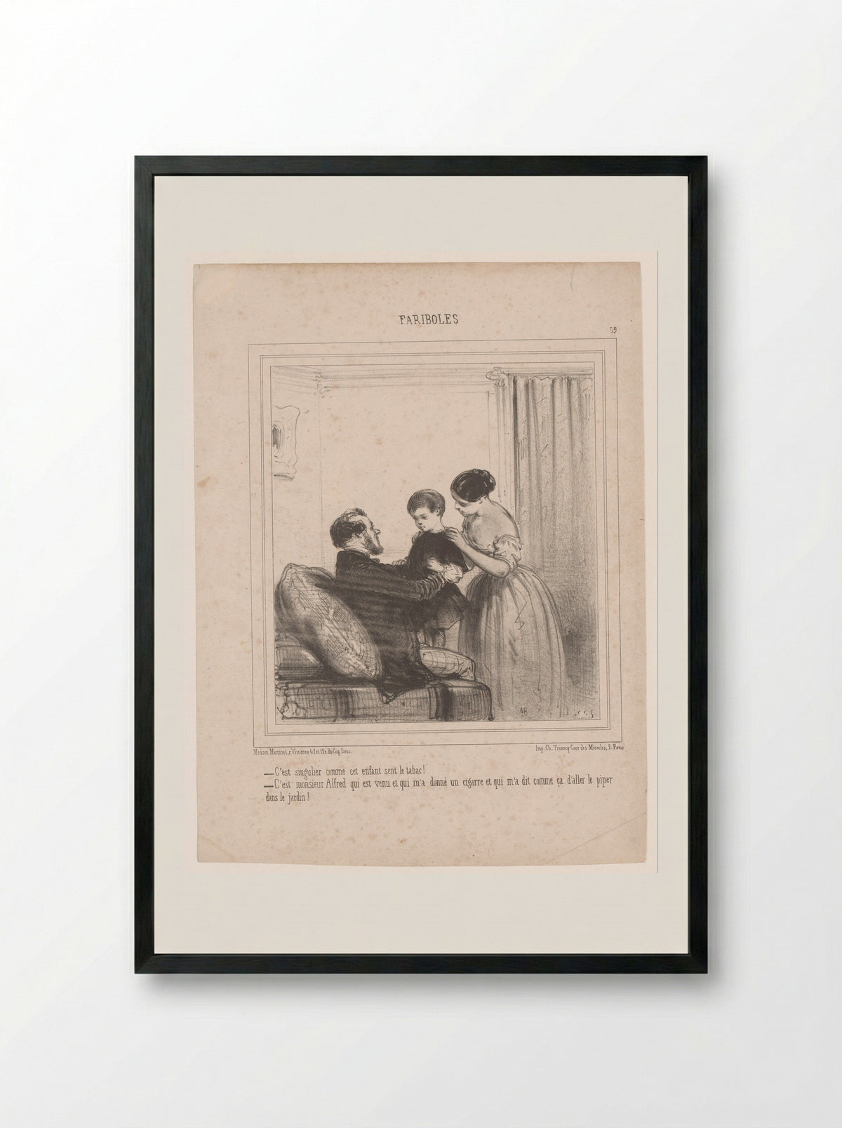 Twee ouders met een kind dat naar tabak ruikt - Edouard de Beaumont - Framed Print Black