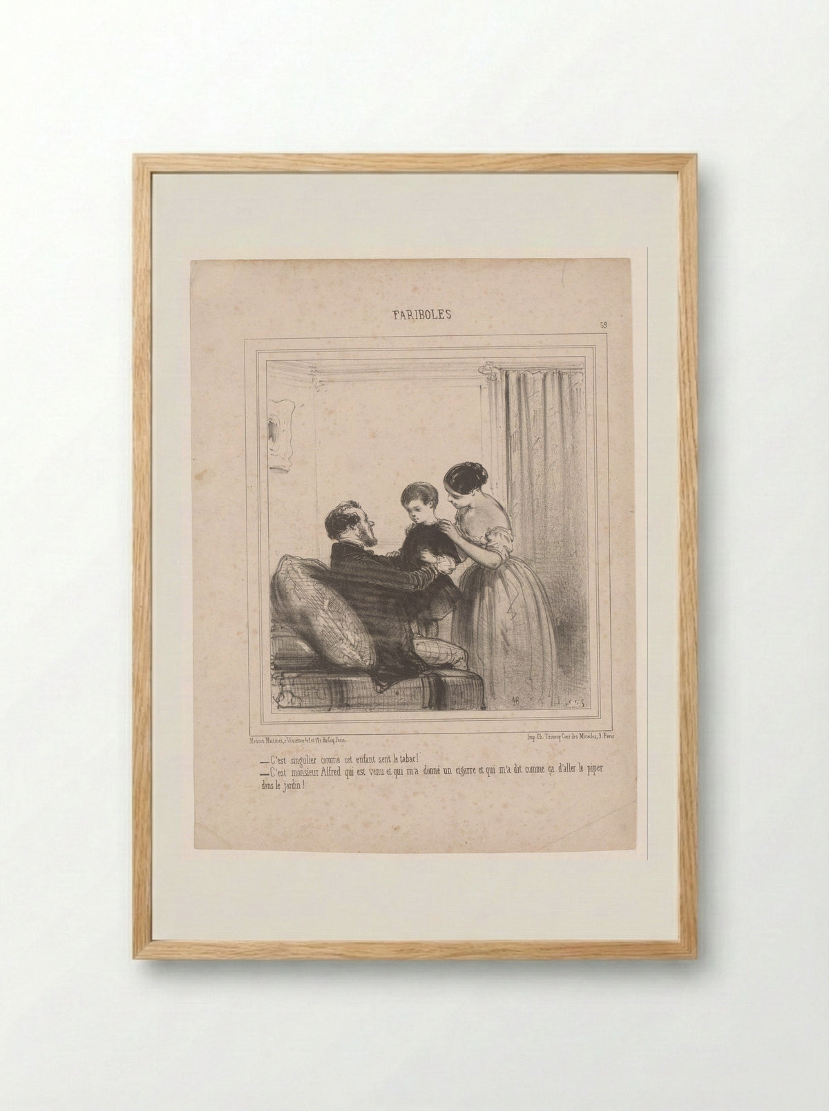 Twee ouders met een kind dat naar tabak ruikt - Edouard de Beaumont - Framed Print Wood