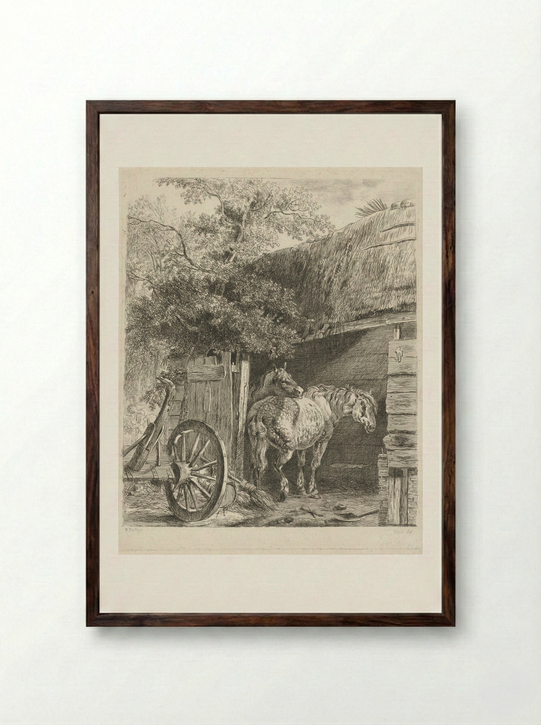 Twee paarden in een boerenschuur - Pieter Gerardus van Os - Framed Print Dark Wood