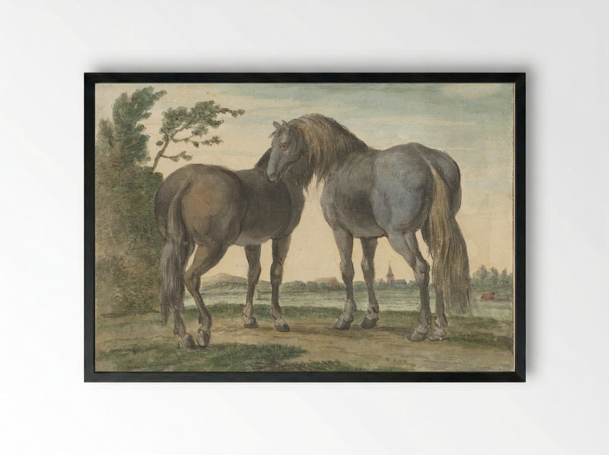 Twee paarden in een weide, op de achtergrond een kerktoren - Hendrik Stokvisch - Framed Print Black