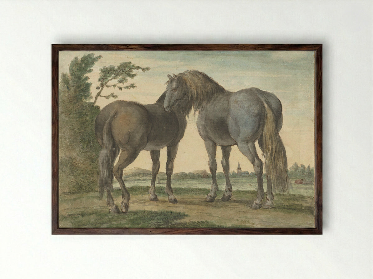 Twee paarden in een weide, op de achtergrond een kerktoren - Hendrik Stokvisch - Framed Print Dark Wood