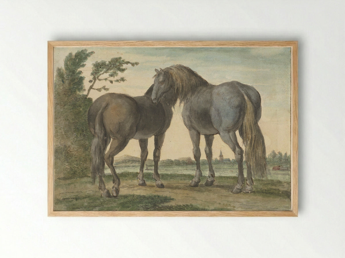 Twee paarden in een weide, op de achtergrond een kerktoren - Hendrik Stokvisch - Framed Print Wood