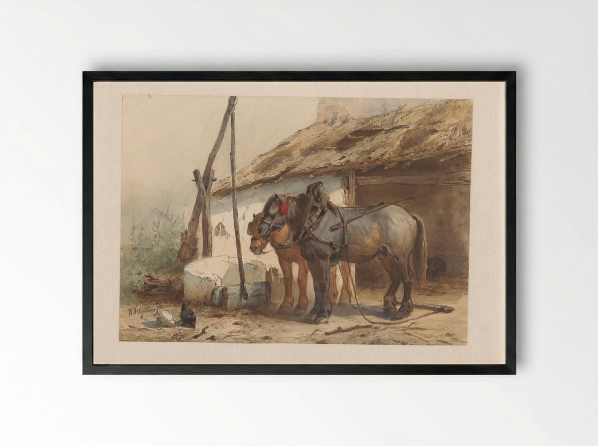 Twee paarden staand voor een stal - Wouter Verschuur - Framed Print Black