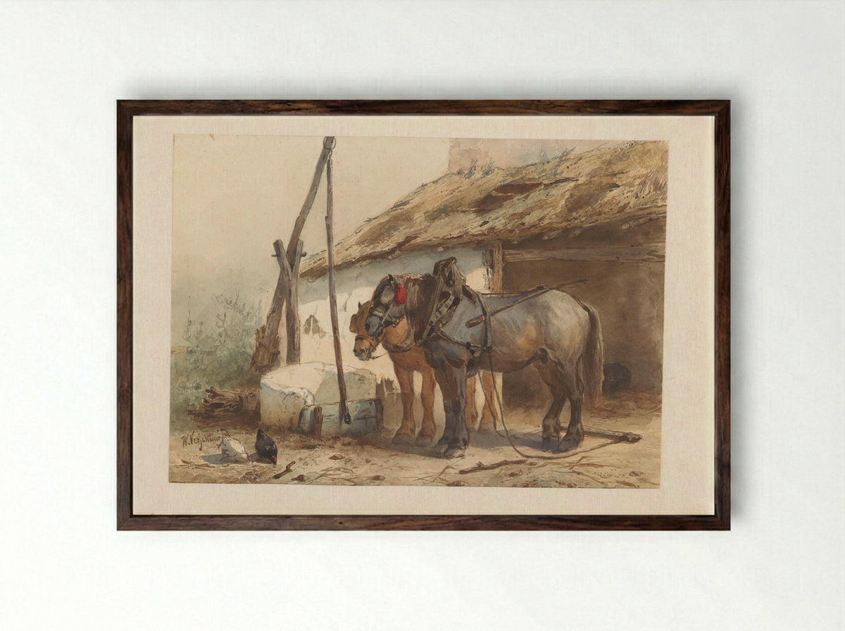 Twee paarden staand voor een stal - Wouter Verschuur - Framed Print Dark Wood