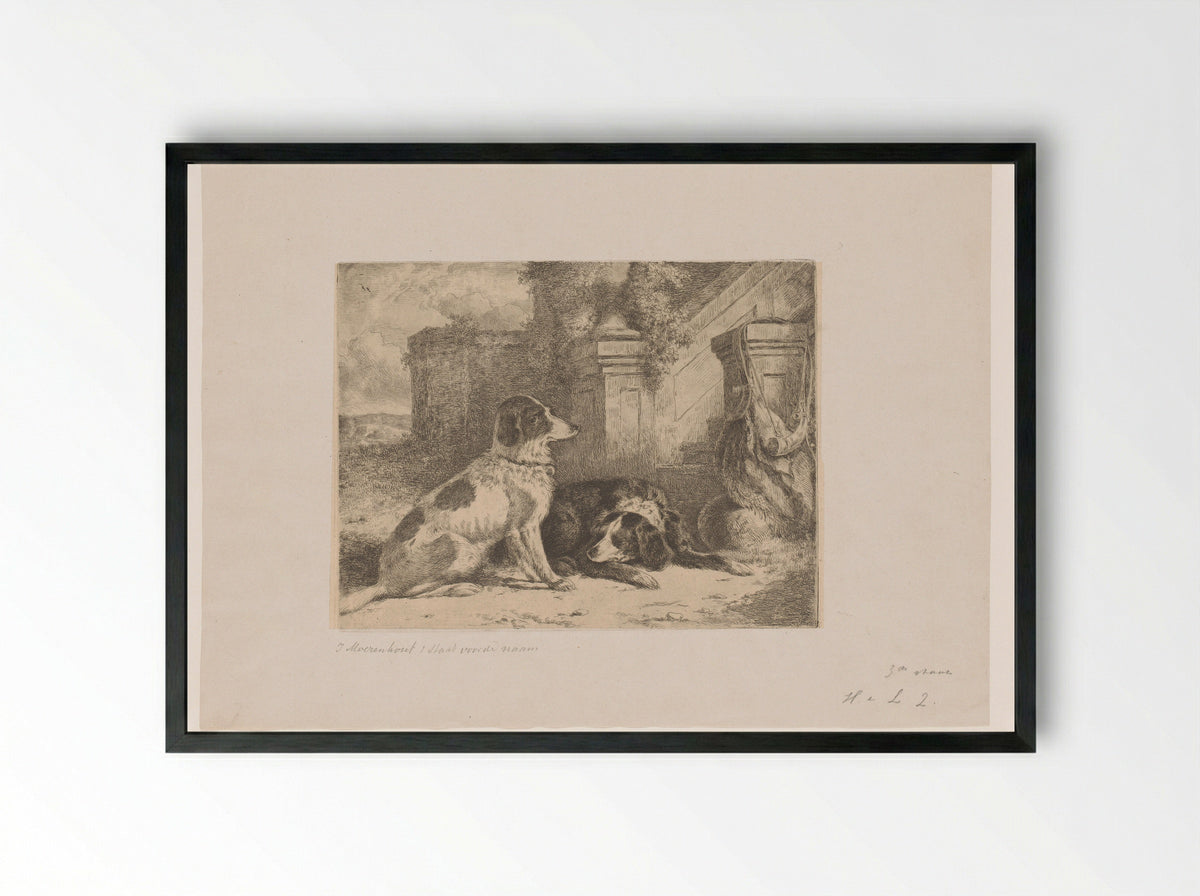 Twee patrijshonden bij een trap - Joseph Moerenhout - Framed Print Black