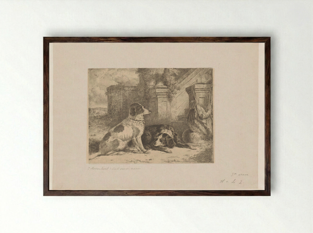 Twee patrijshonden bij een trap - Joseph Moerenhout - Framed Print Dark Wood