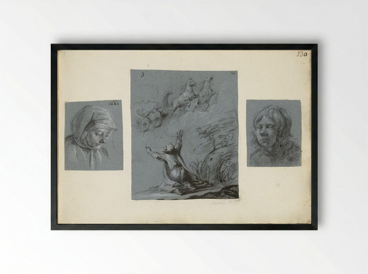 Twee portretten en De hemelvaart van Elia - Moses ter Borch - Framed Print Black