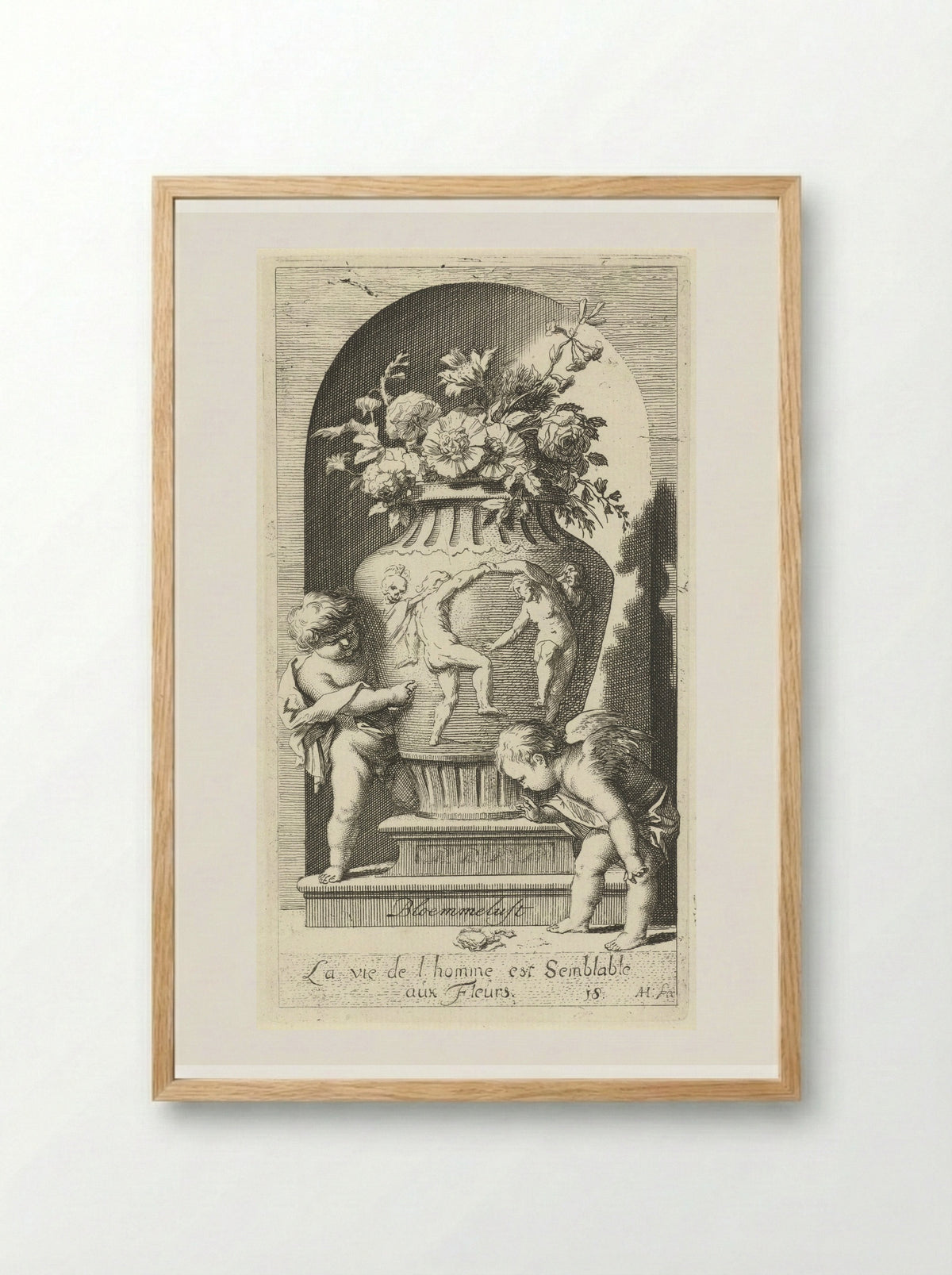 Twee putti bij een vaas met bloemen - Leonard Schenk - Framed Print Wood
