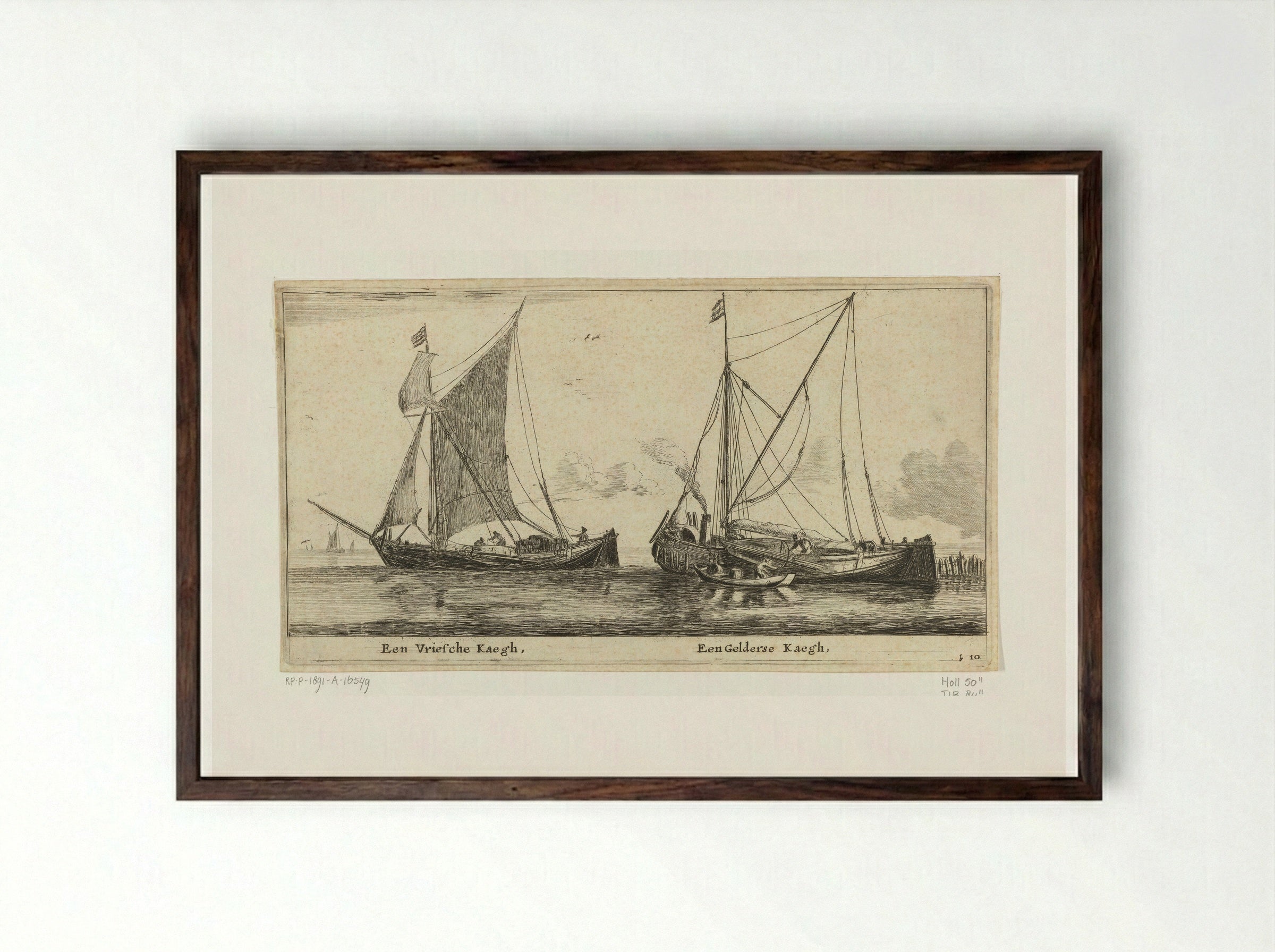 Twee schepen: een Friese kaag en een Gelderse kaag - Reinier Nooms - Framed Print Dark Wood
