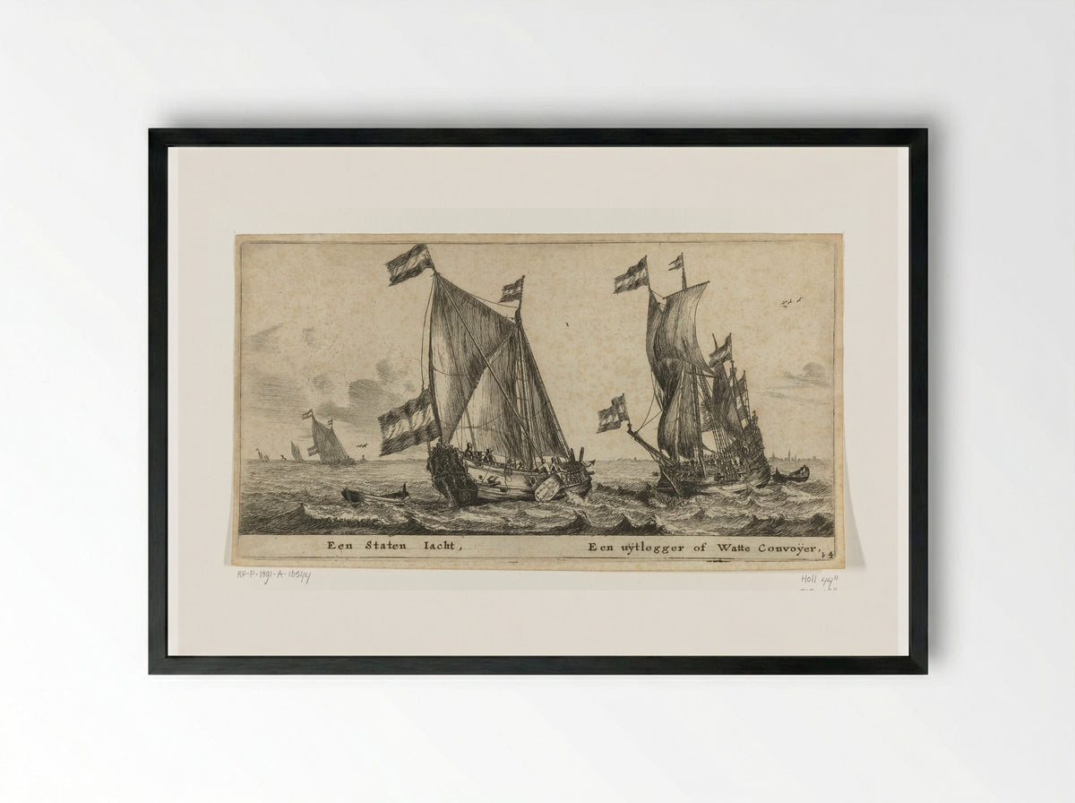 Twee schepen: een statenjacht en een uitlegger - Reinier Nooms - Framed Print Black