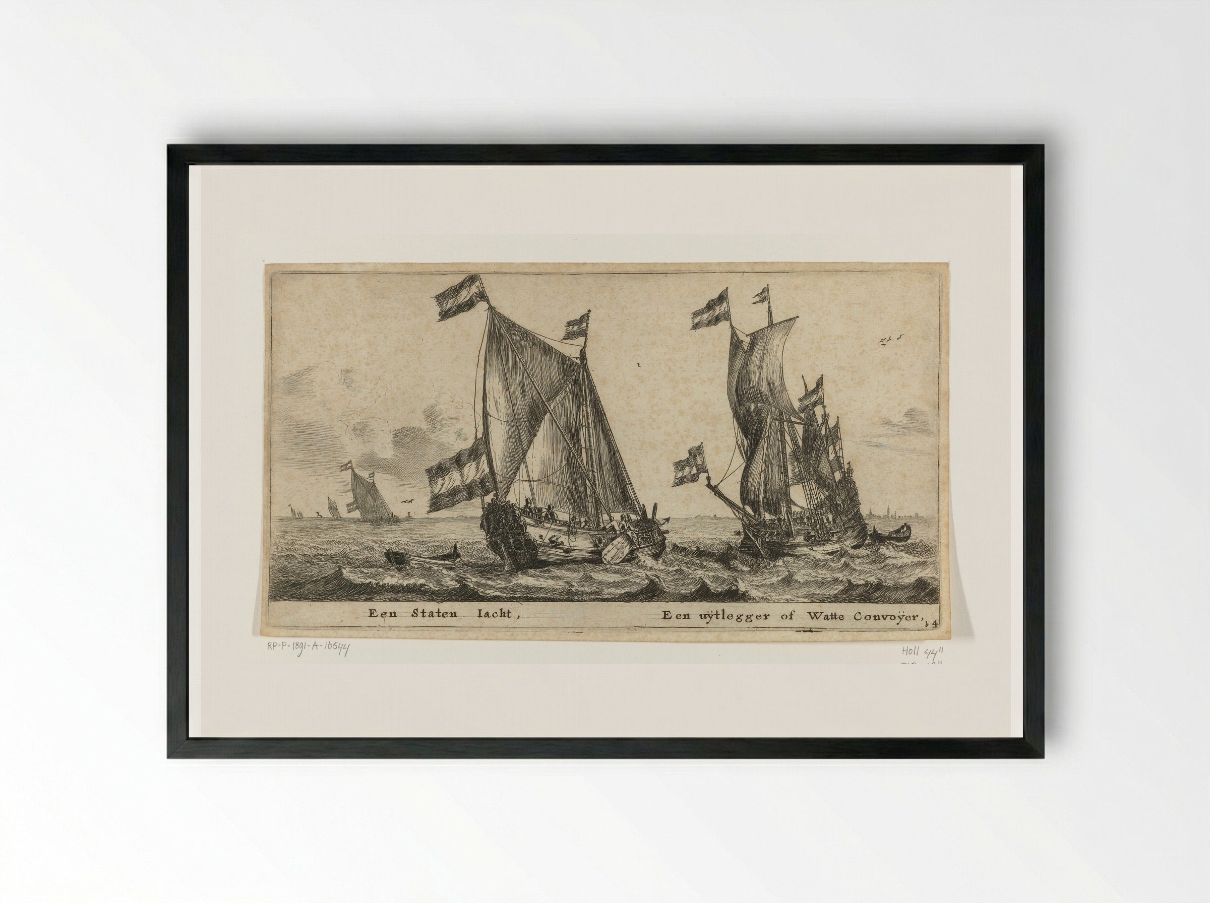 Twee schepen: een statenjacht en een uitlegger - Reinier Nooms - Framed Print Black