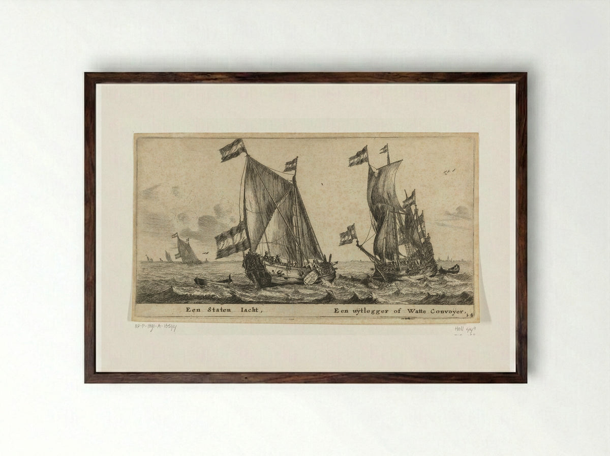 Twee schepen: een statenjacht en een uitlegger - Reinier Nooms - Framed Print Dark Wood