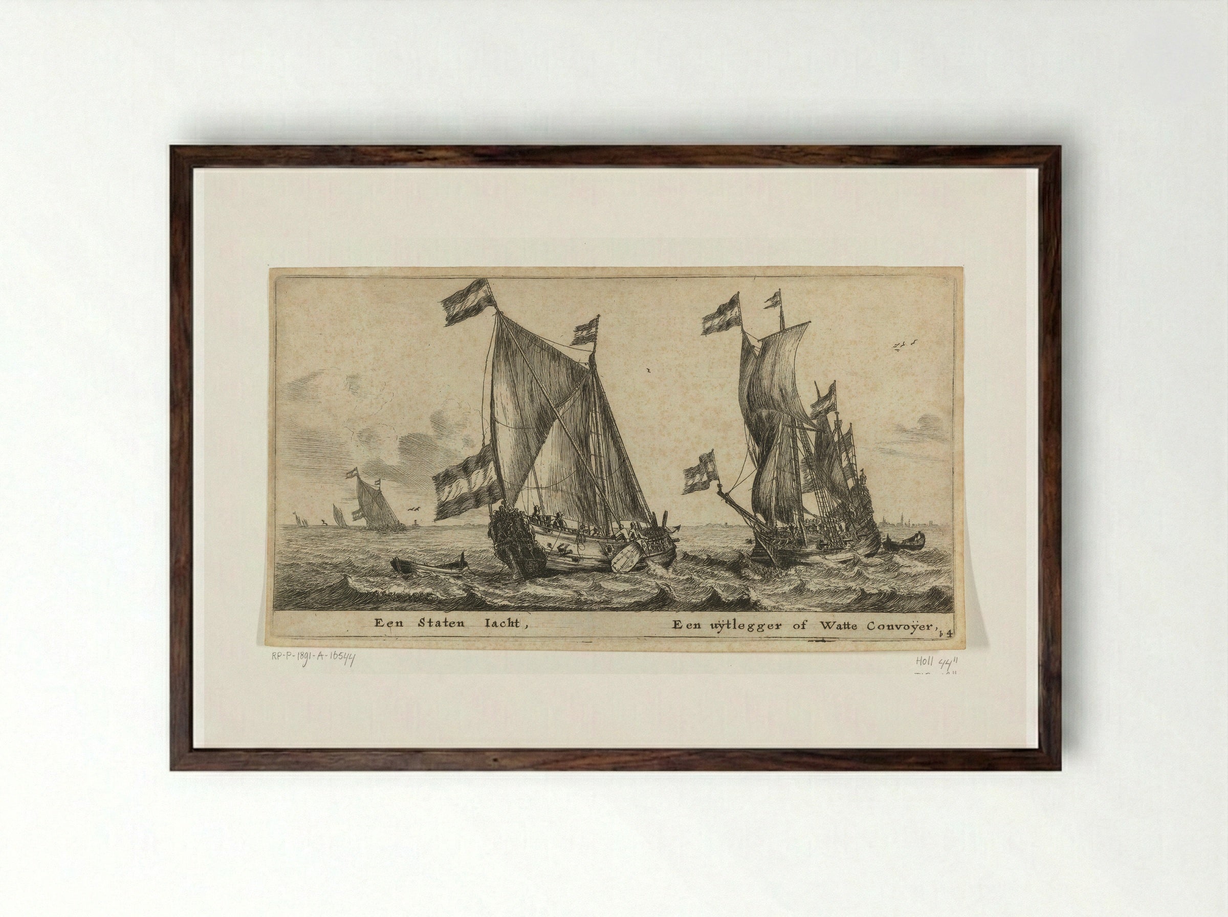 Twee schepen: een statenjacht en een uitlegger - Reinier Nooms - Framed Print Dark Wood