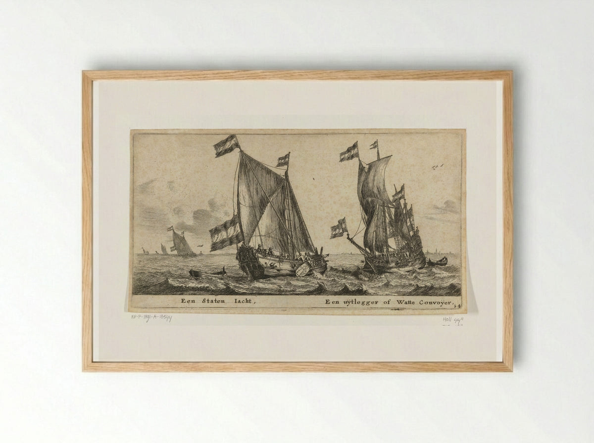 Twee schepen: een statenjacht en een uitlegger - Reinier Nooms - Framed Print Wood