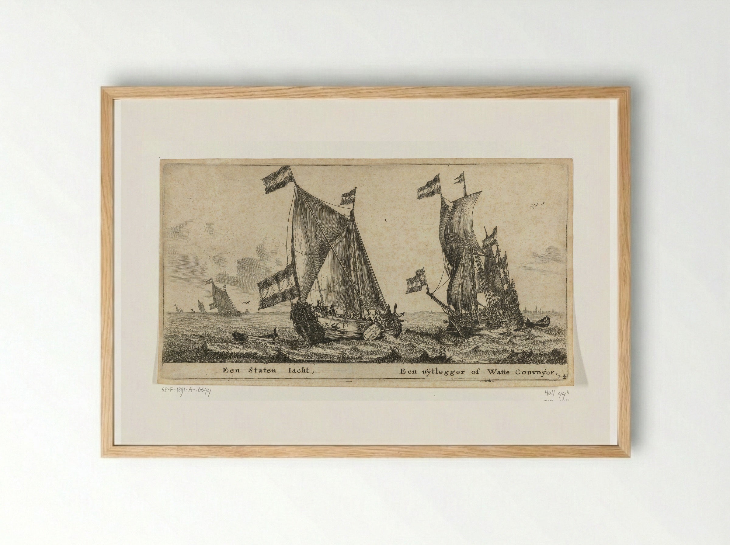 Twee schepen: een statenjacht en een uitlegger - Reinier Nooms - Framed Print Wood