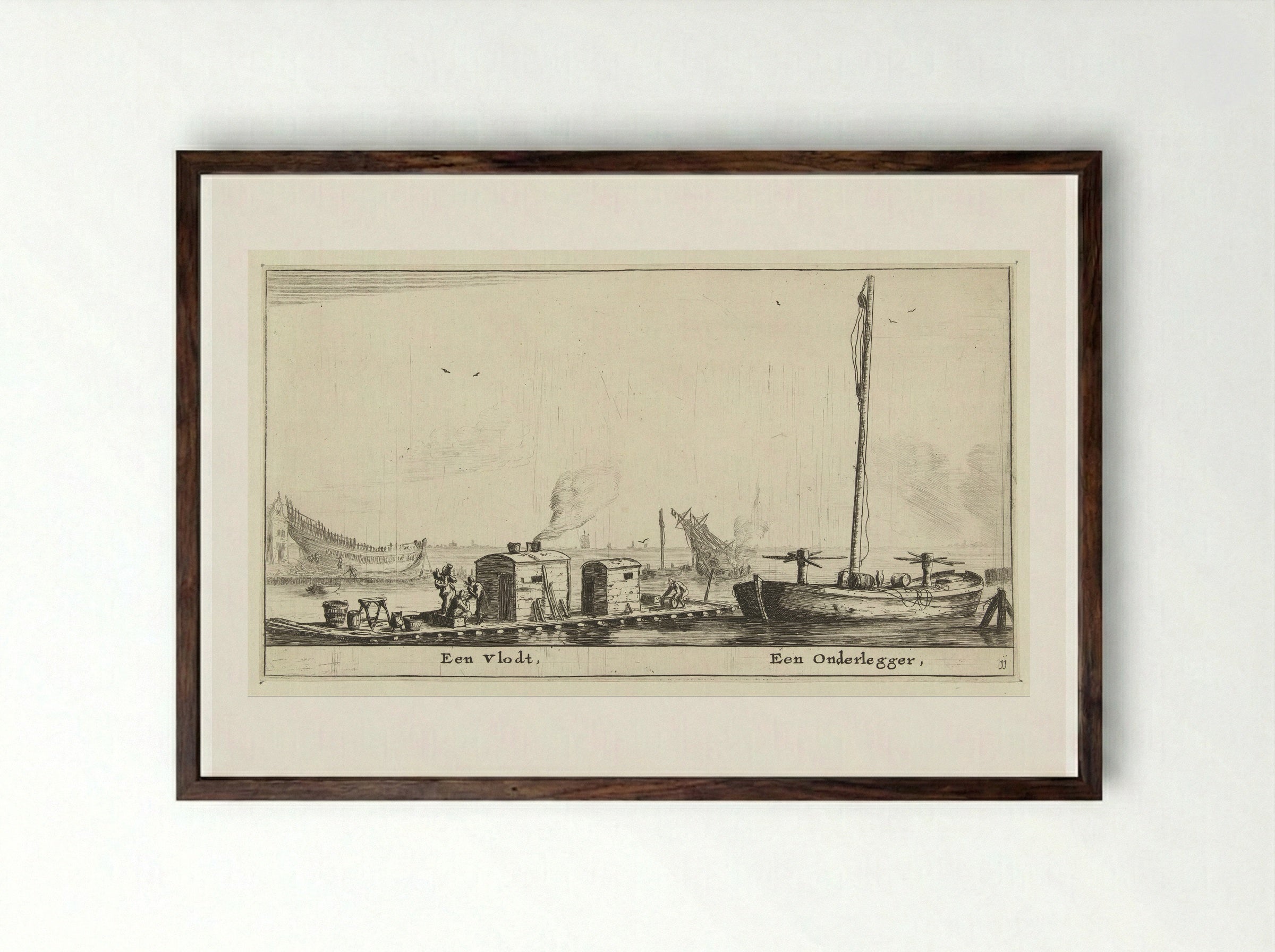 Twee schepen: een vlot en een onderlegger - Reinier Nooms - Framed Print Dark Wood