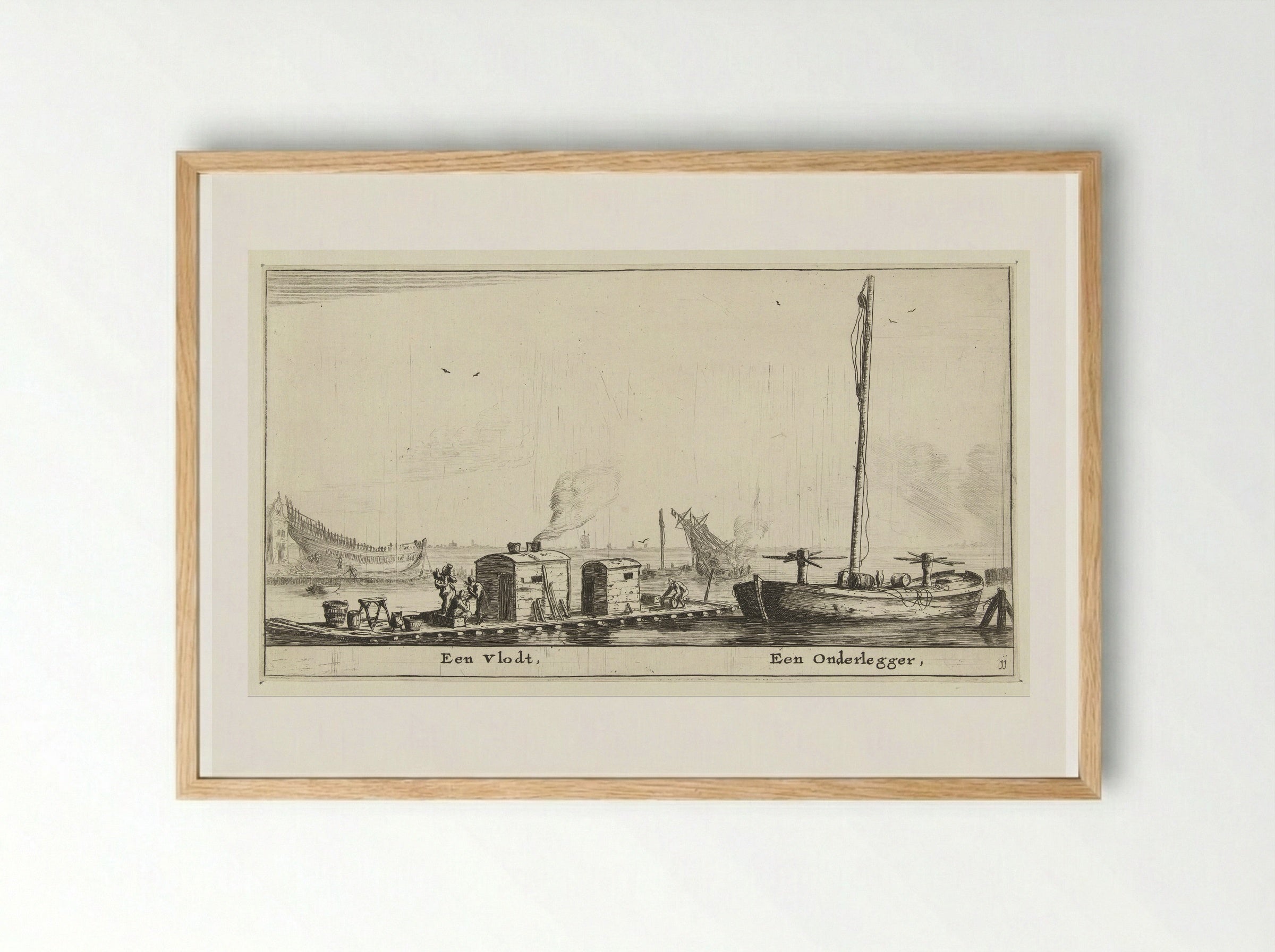 Twee schepen: een vlot en een onderlegger - Reinier Nooms - Framed Print Wood
