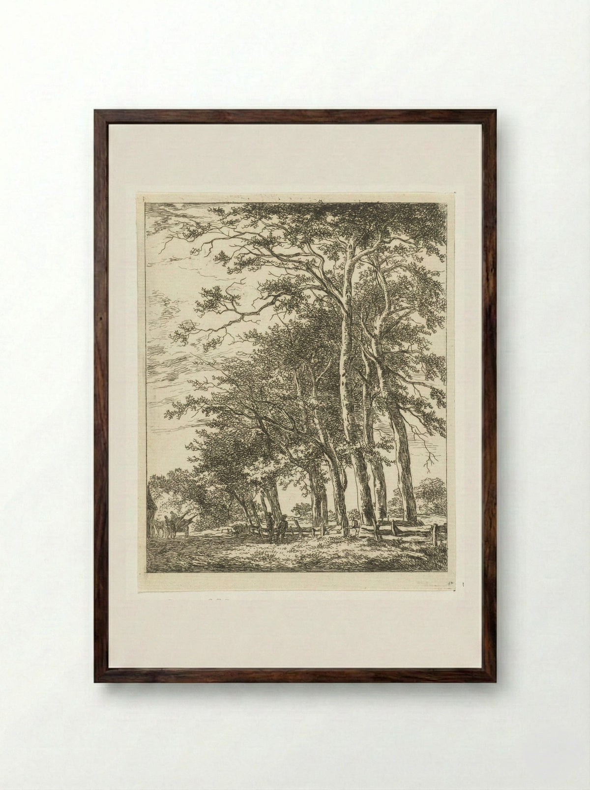 Twee staande figuren bij hoge boomen - Hermanus van Brussel - Framed Print Dark Wood