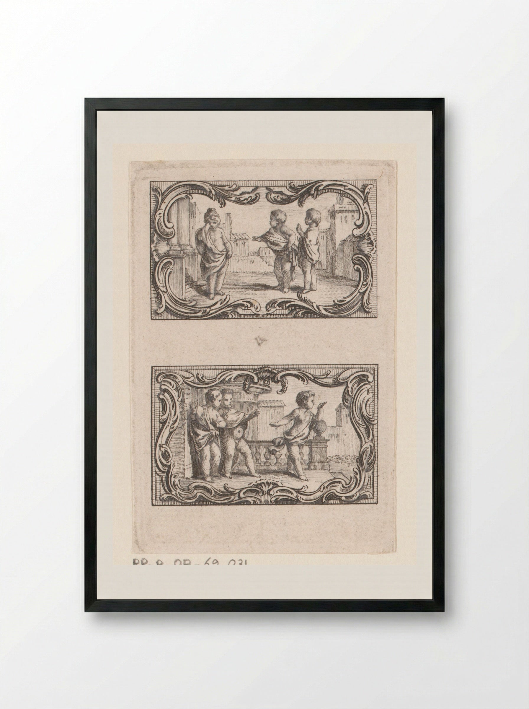 Twee vignetten met drie putti temidden van gebouwen - Jacques-Philippe Le Bas - Framed Print Black