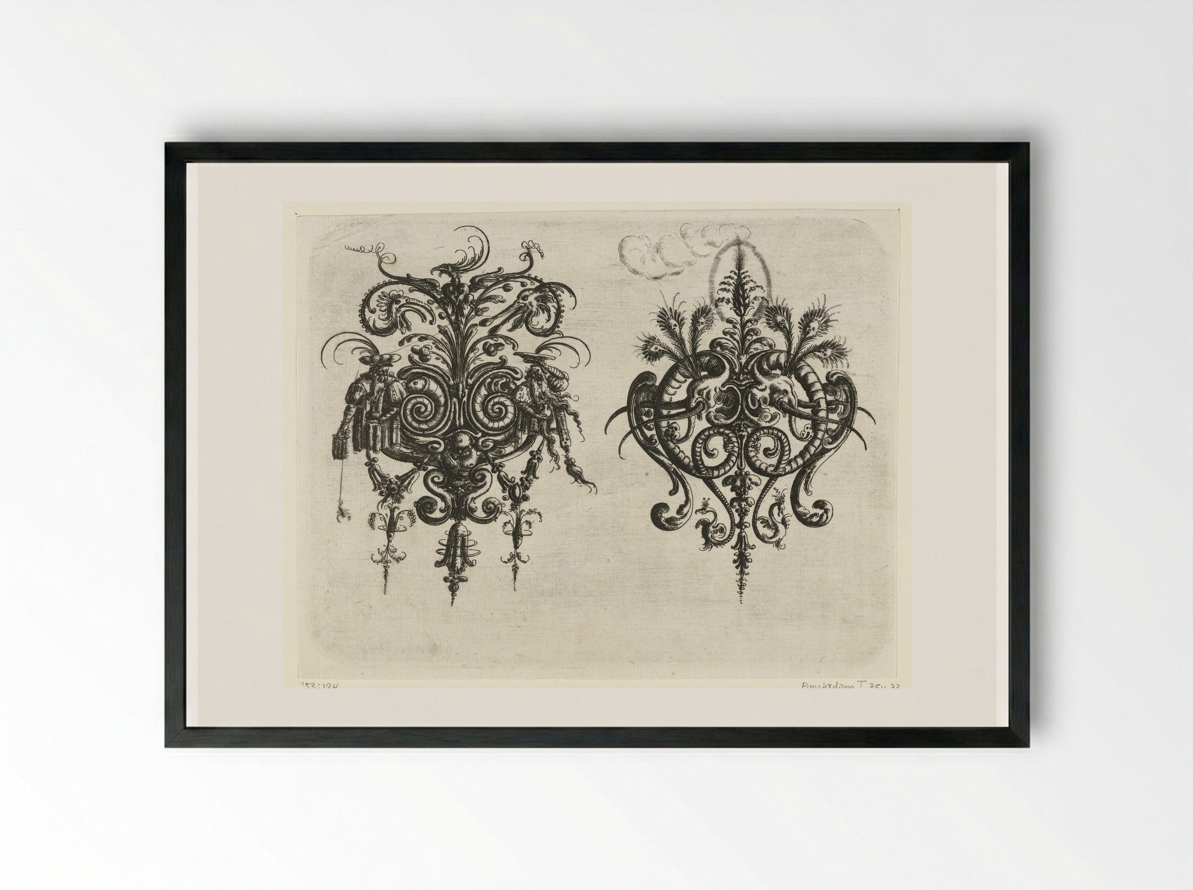 Twee vlakdecoraties met bladranken en grotesken - Christoph Jamnitzer - Framed Print Black