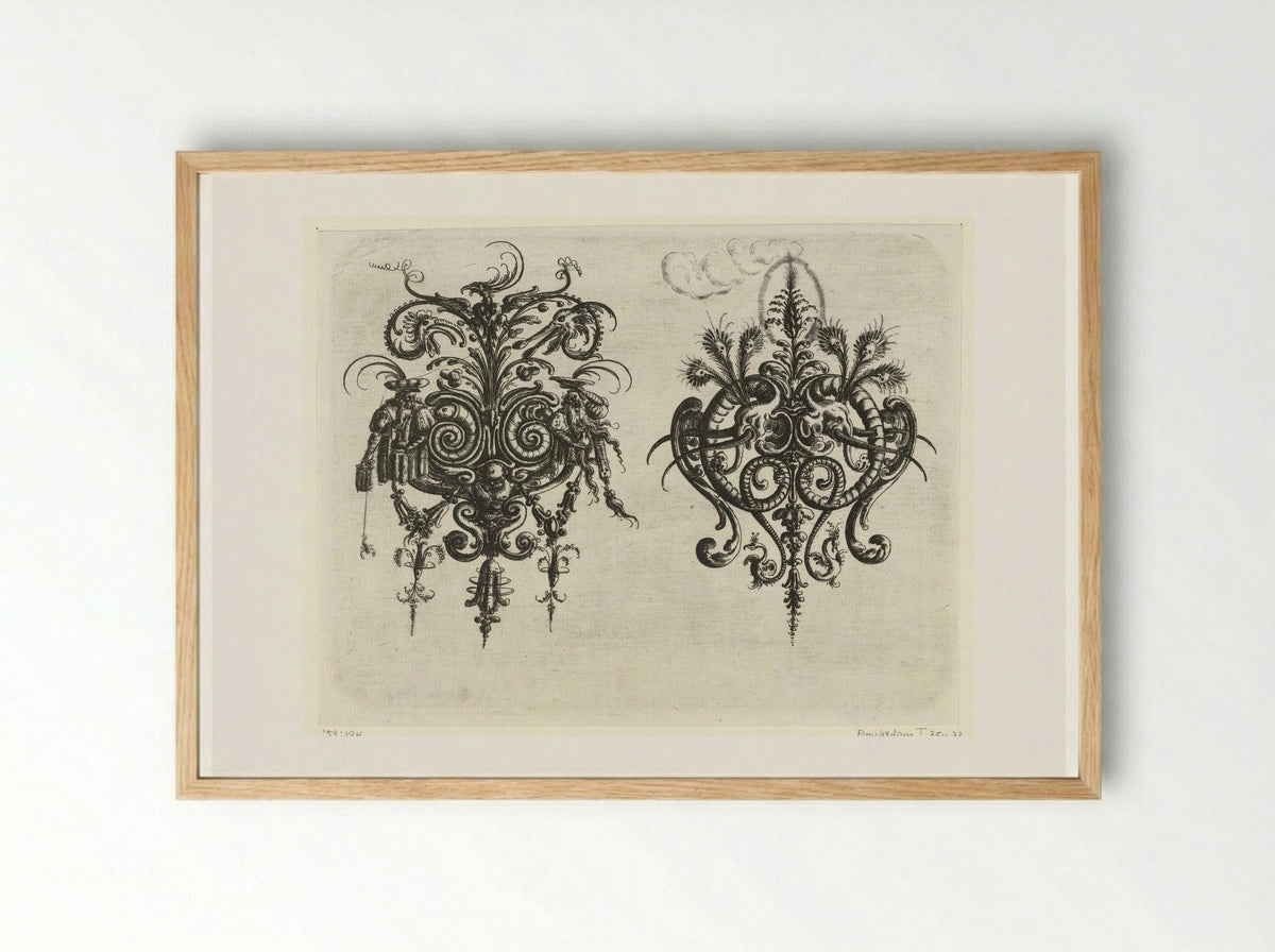 Twee vlakdecoraties met bladranken en grotesken - Christoph Jamnitzer - Framed Print Wood