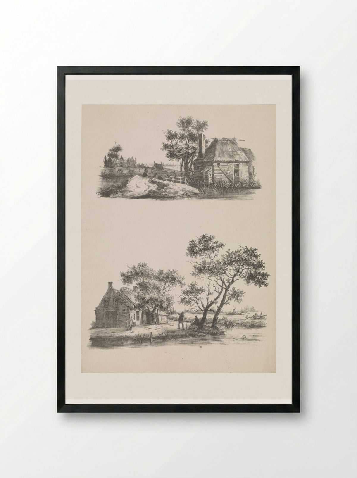 Twee voorstellingen van een huis in een polderlandschap - Joannes Bemme - Framed Print Black