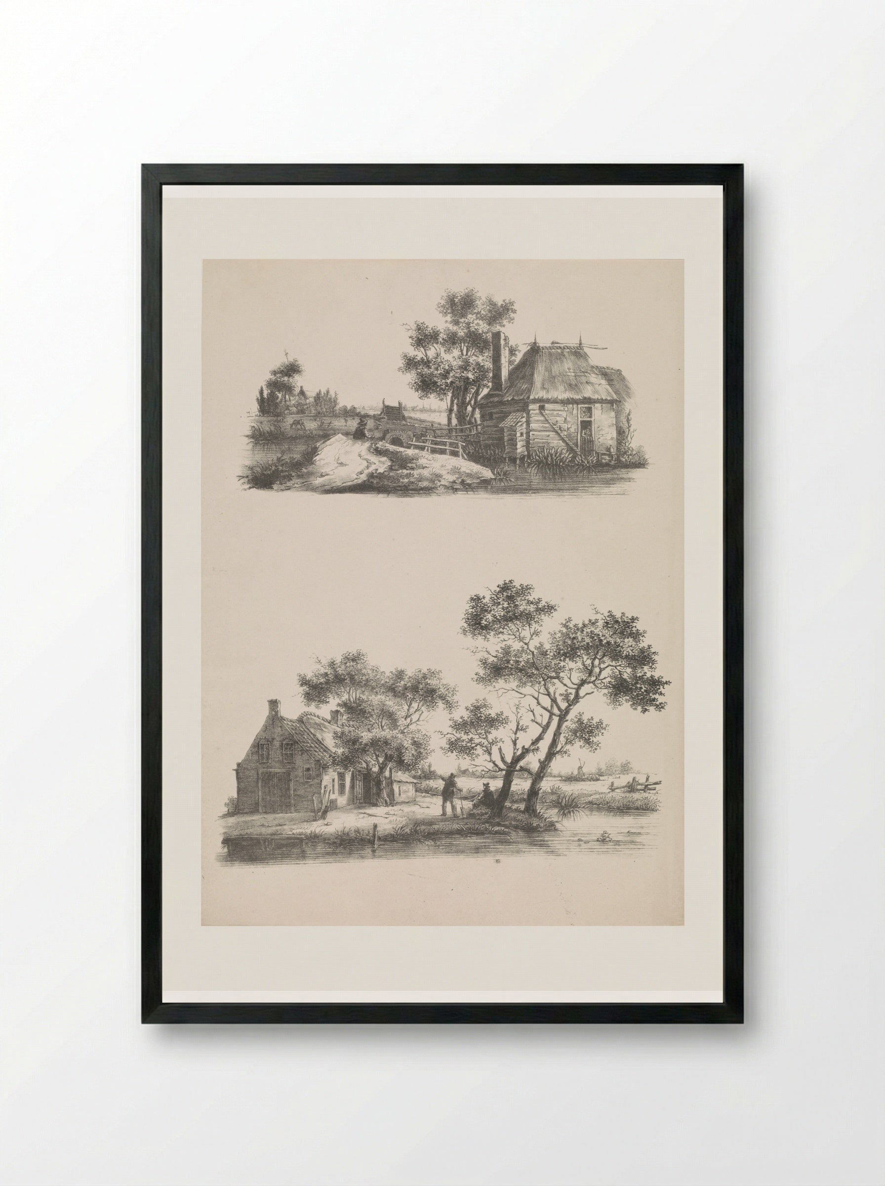 Twee voorstellingen van een huis in een polderlandschap - Joannes Bemme - Framed Print Black