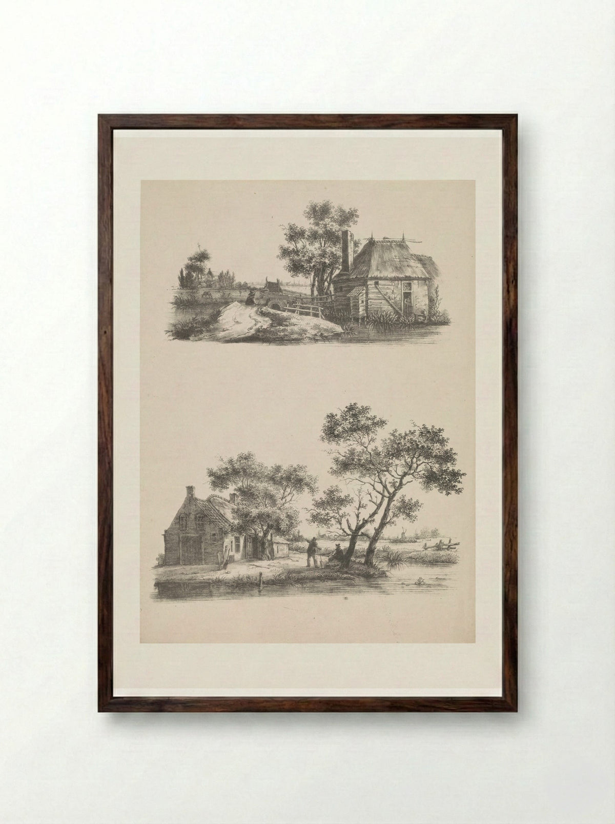 Twee voorstellingen van een huis in een polderlandschap - Joannes Bemme - Framed Print Dark Wood