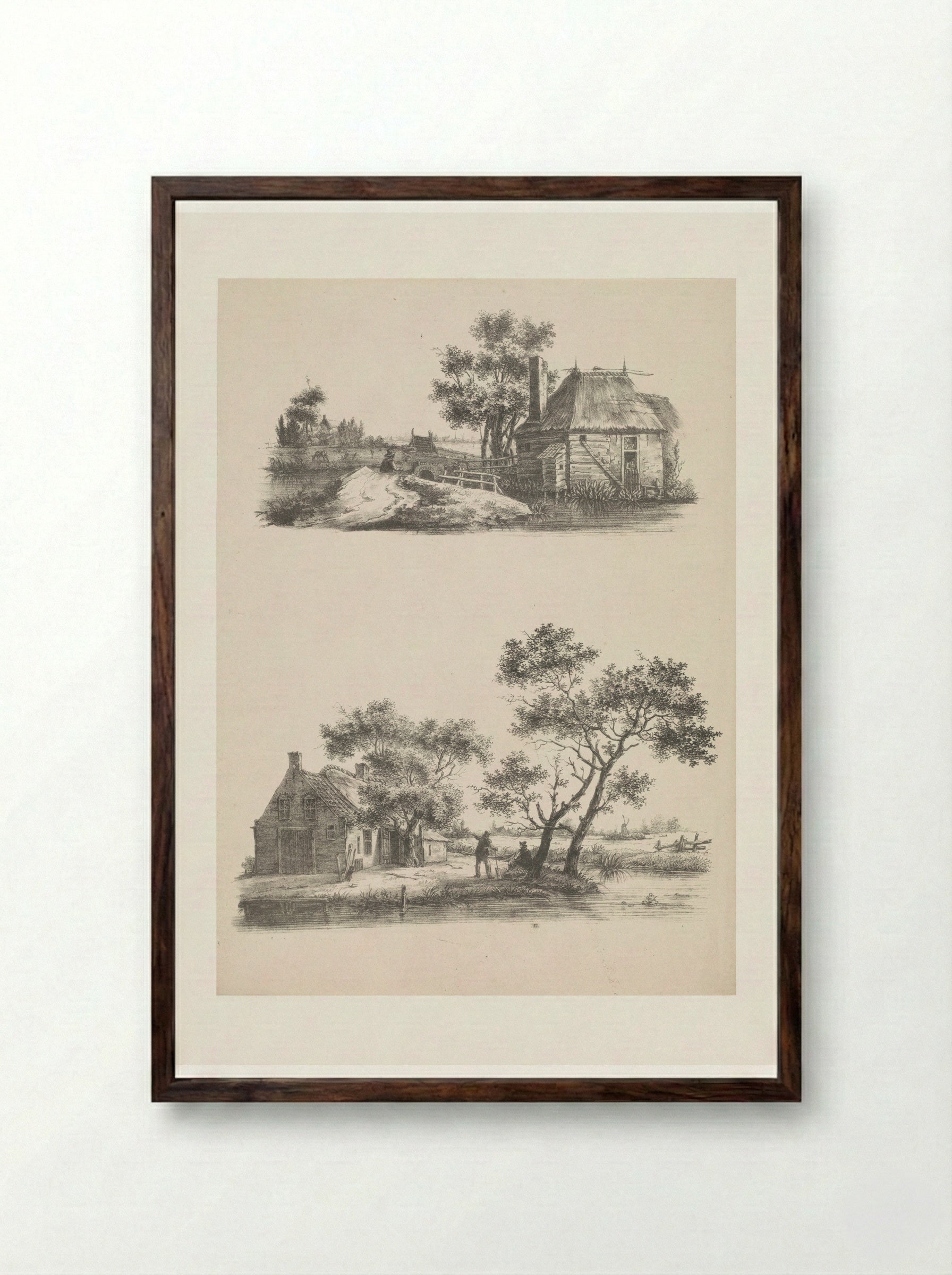 Twee voorstellingen van een huis in een polderlandschap - Joannes Bemme - Framed Print Dark Wood