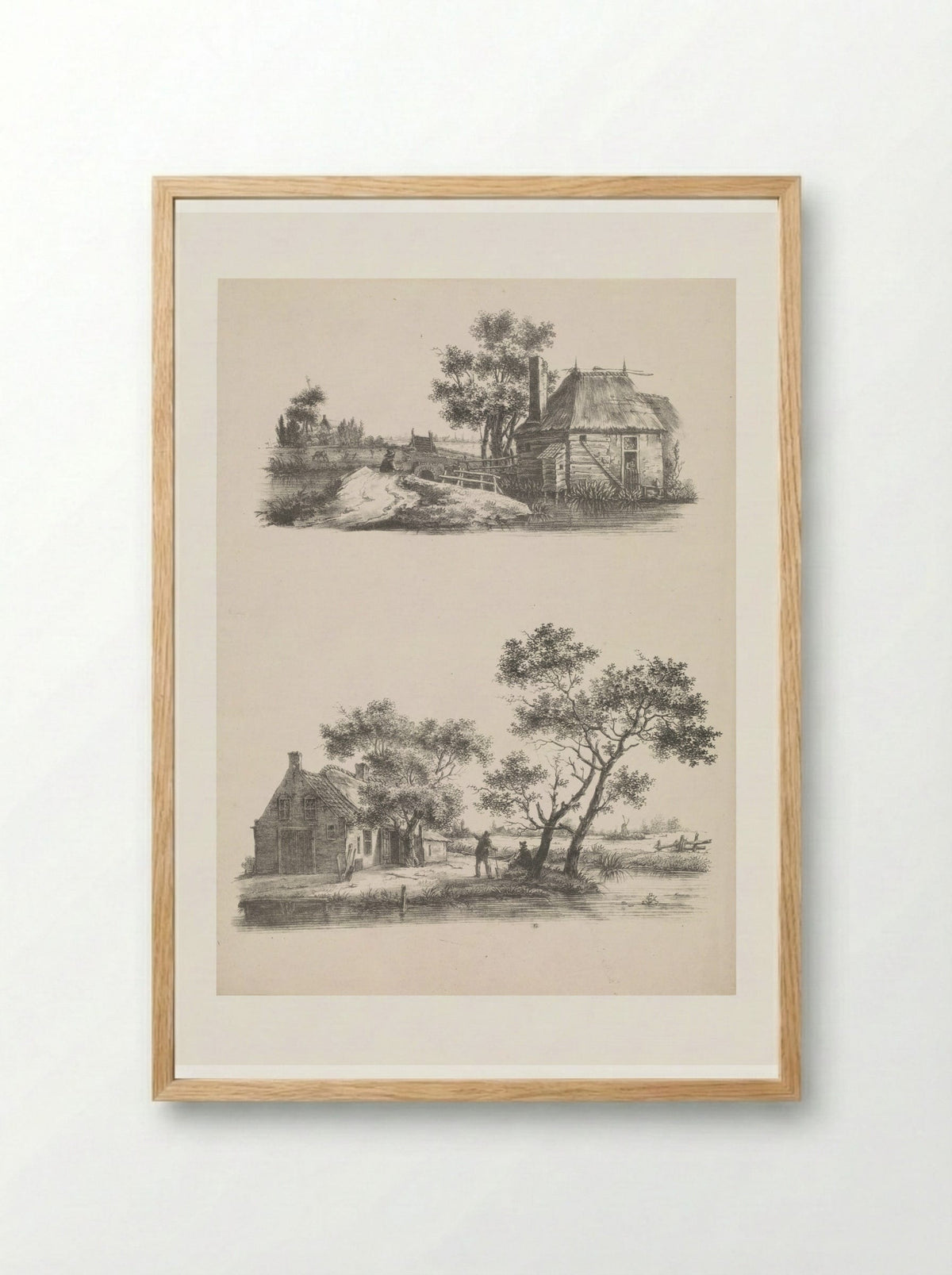 Twee voorstellingen van een huis in een polderlandschap - Joannes Bemme - Framed Print Wood