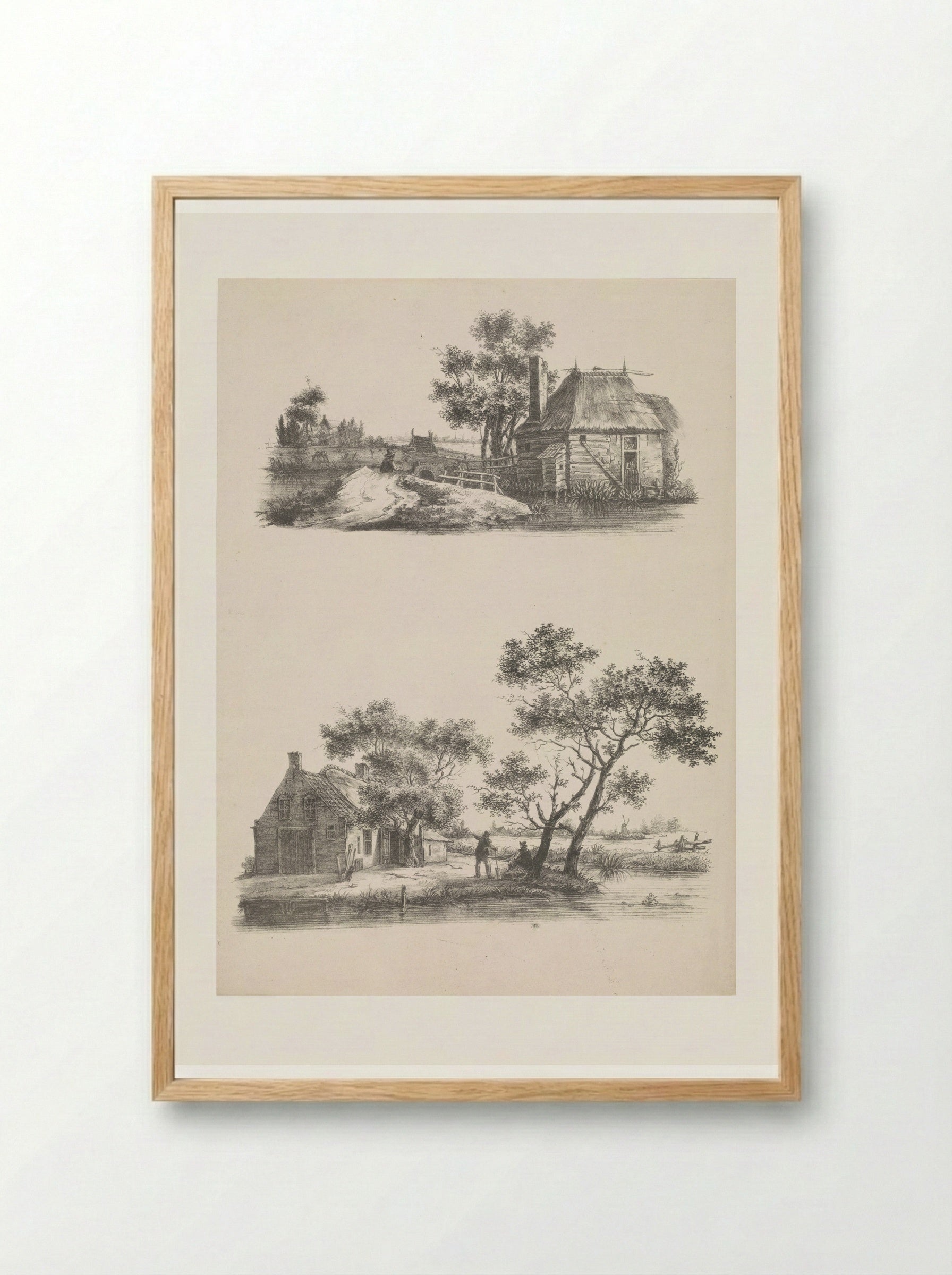 Twee voorstellingen van een huis in een polderlandschap - Joannes Bemme - Framed Print Wood