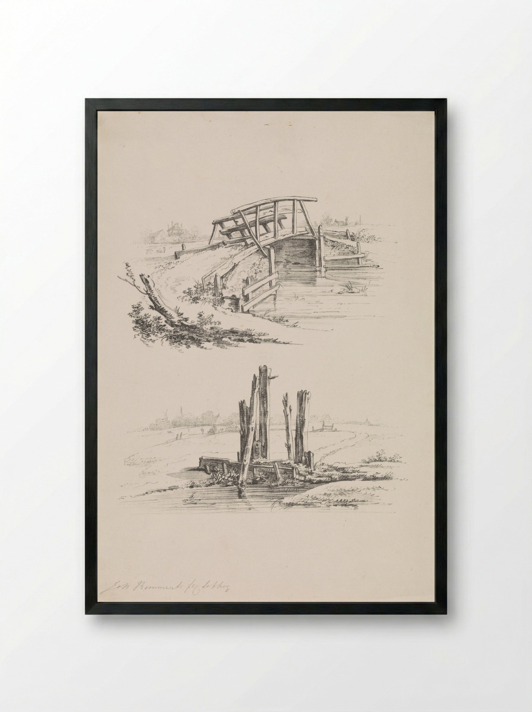 Twee voorstellingen van een vlonder en een sluis - Joannes Bemme - Framed Print Black
