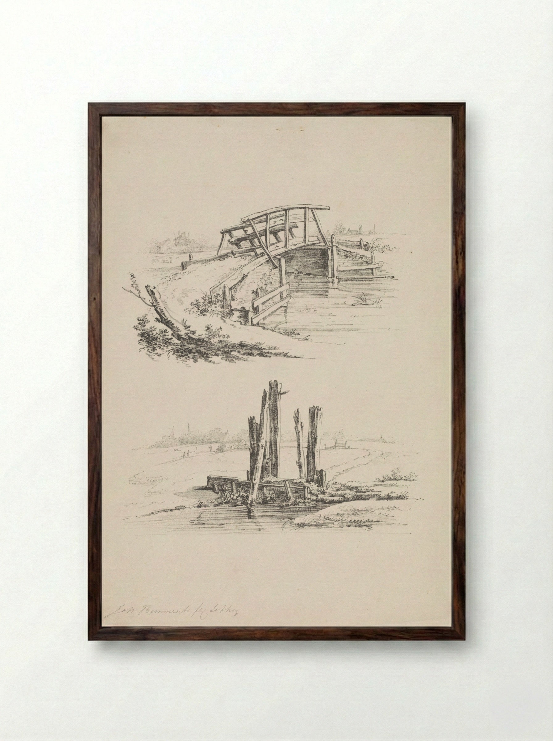 Twee voorstellingen van een vlonder en een sluis - Joannes Bemme - Framed Print Dark Wood