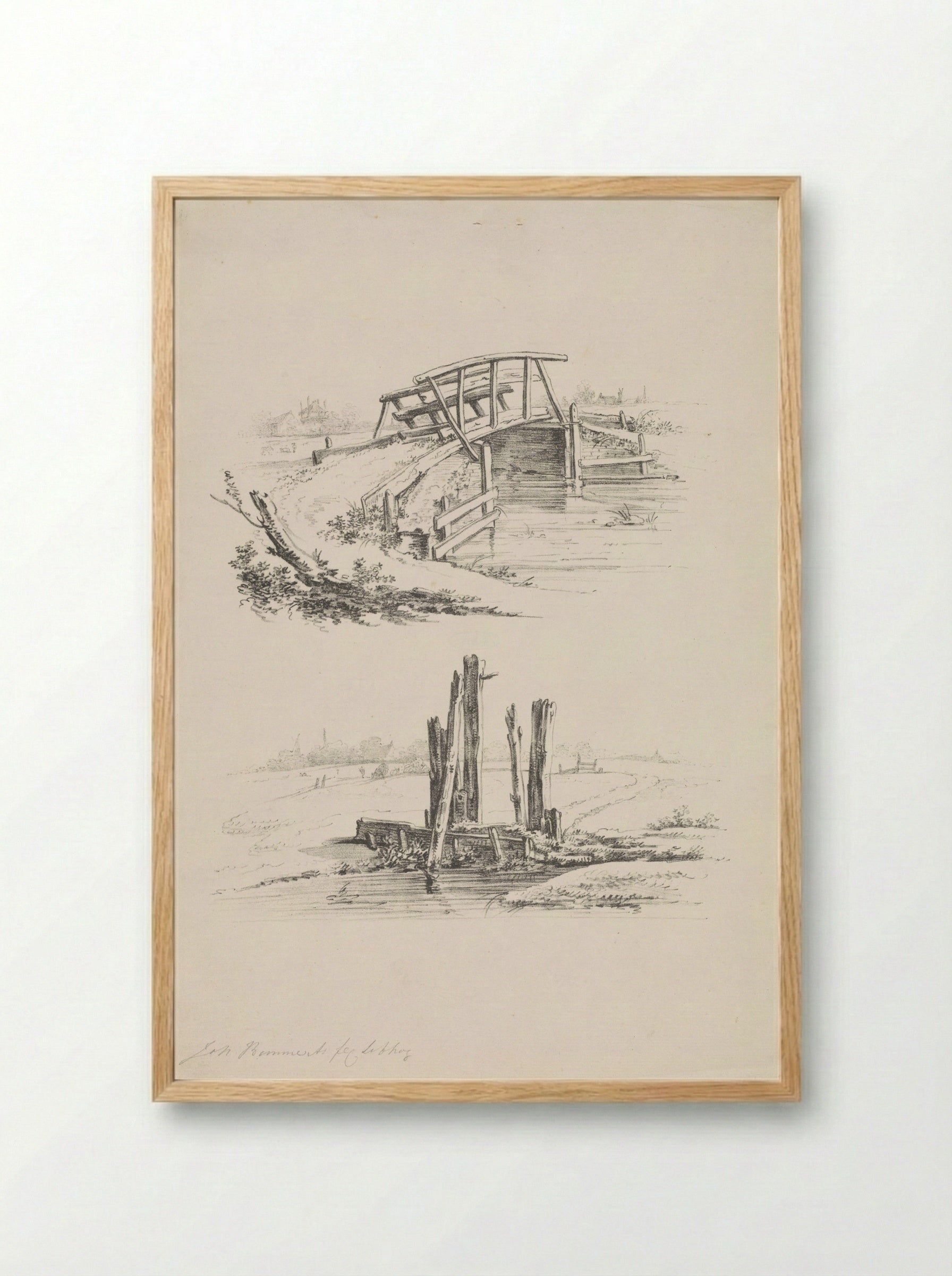 Twee voorstellingen van een vlonder en een sluis - Joannes Bemme - Framed Print Wood