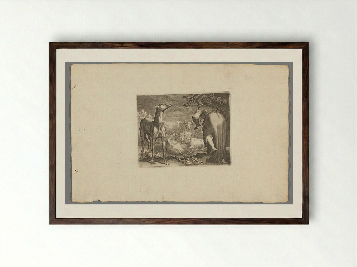 Twee vrouwen en hond bij koeien - Boëtius Adamsz. Bolswert - Framed Print Dark Wood