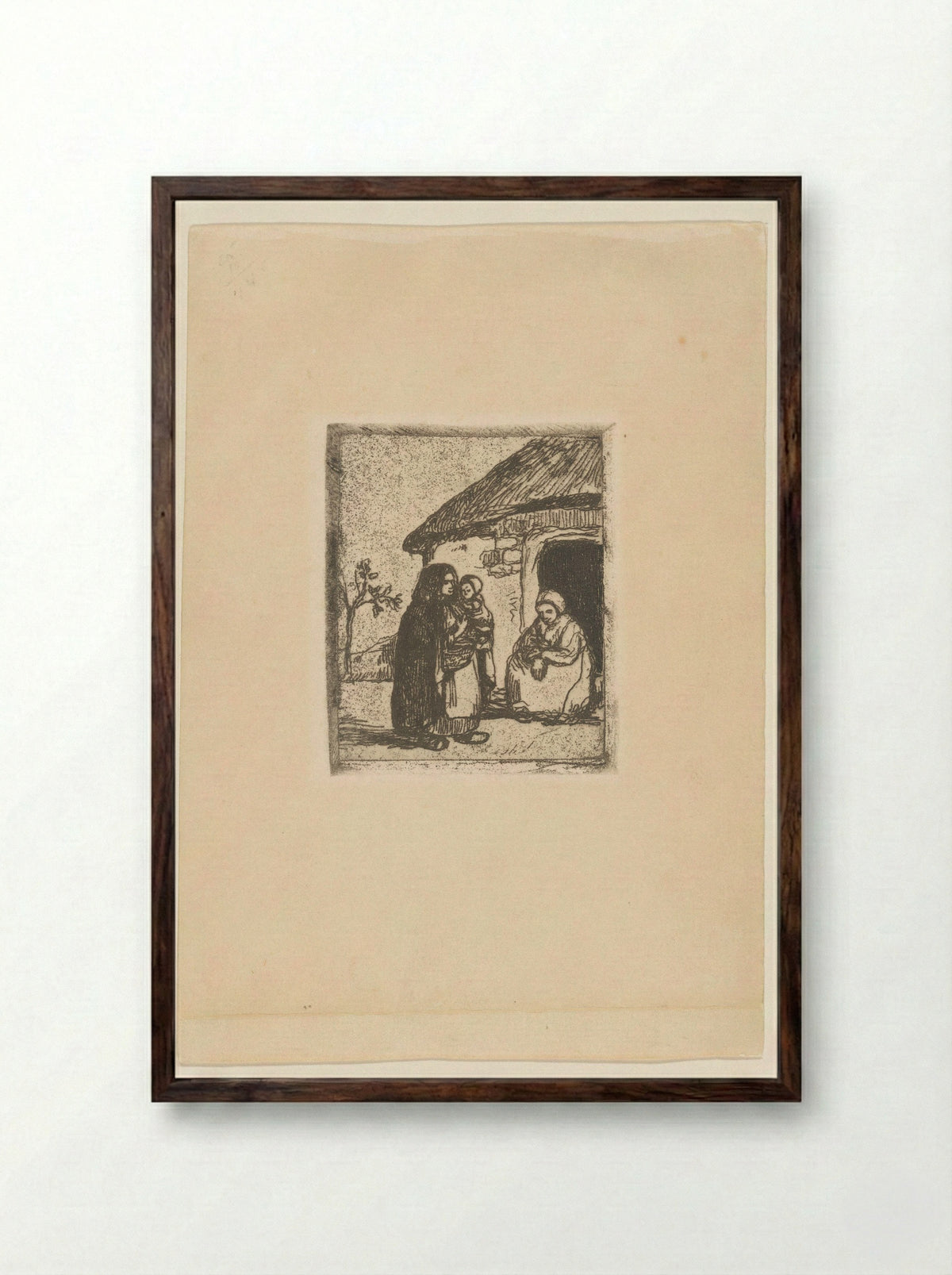 Twee vrouwen en kind voor een huis - Jakob Smits - Framed Print Dark Wood