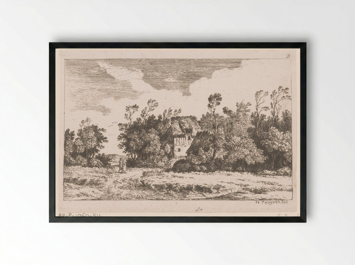 Twee wandelaars bij boerderij - Alexis Nicolas Pérignon - Framed Print Black