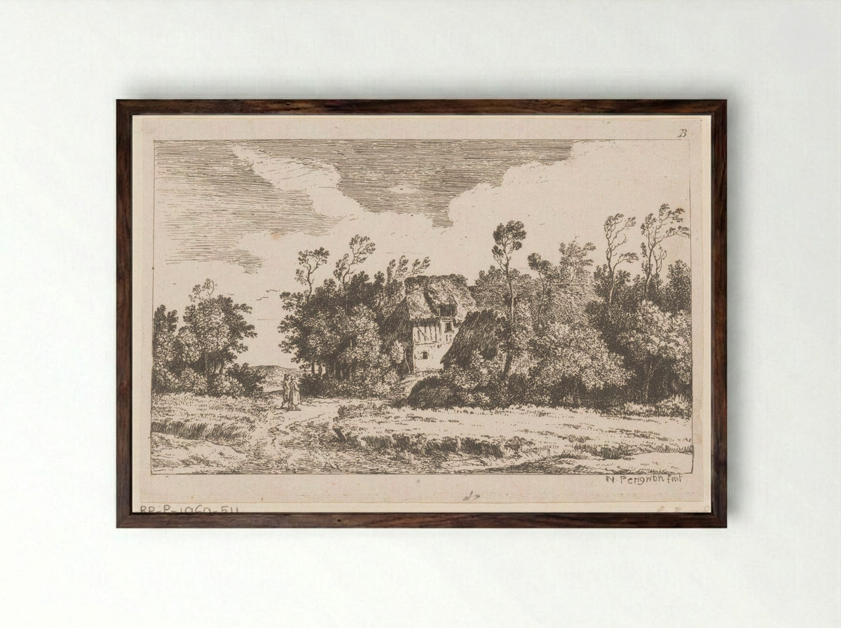 Twee wandelaars bij boerderij - Alexis Nicolas Pérignon - Framed Print Dark Wood